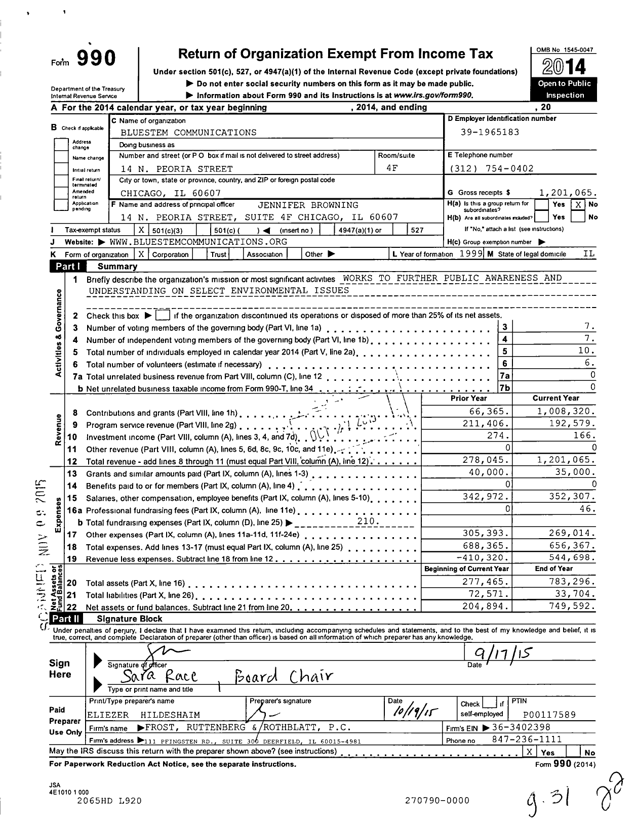 Image of first page of 2014 Form 990 for Bluestem COMMUNICATIONS