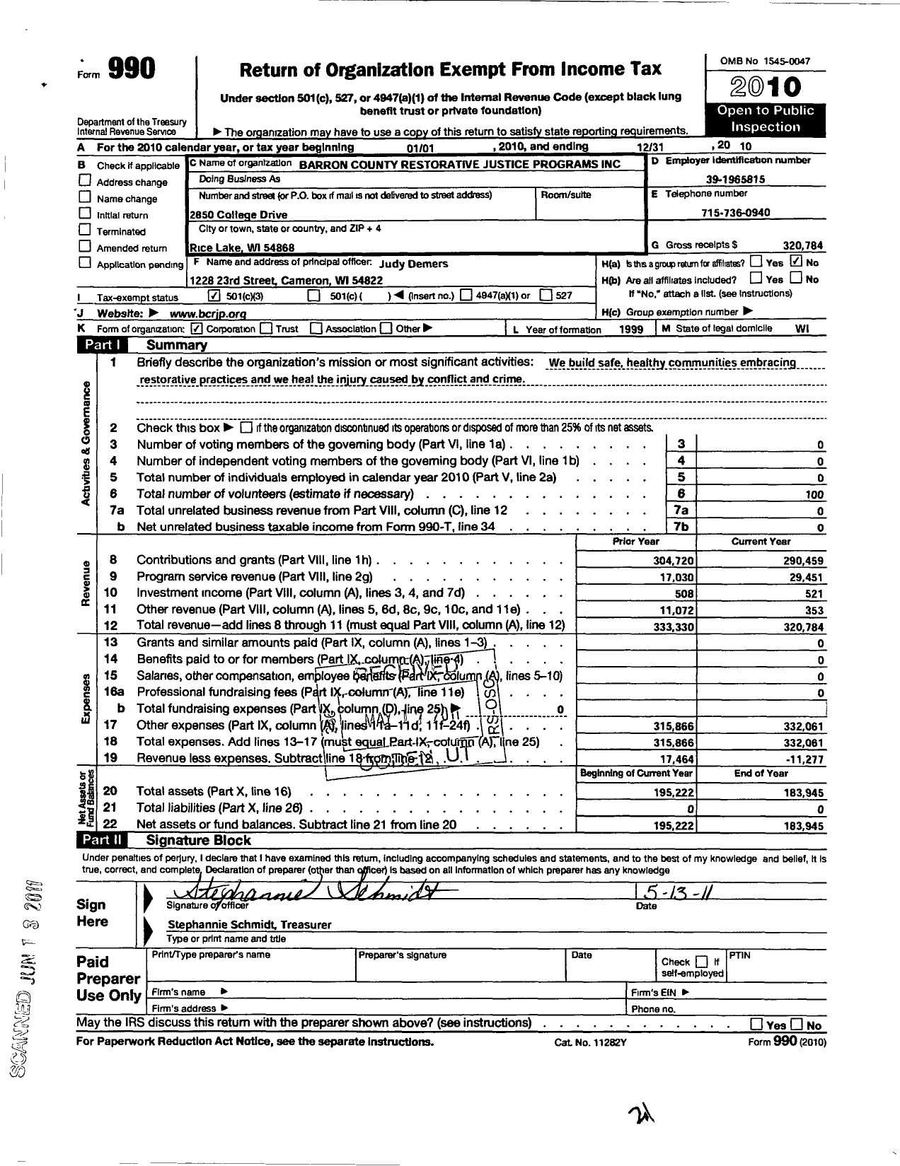 Image of first page of 2010 Form 990 for Barron County Restorative Justice Programs