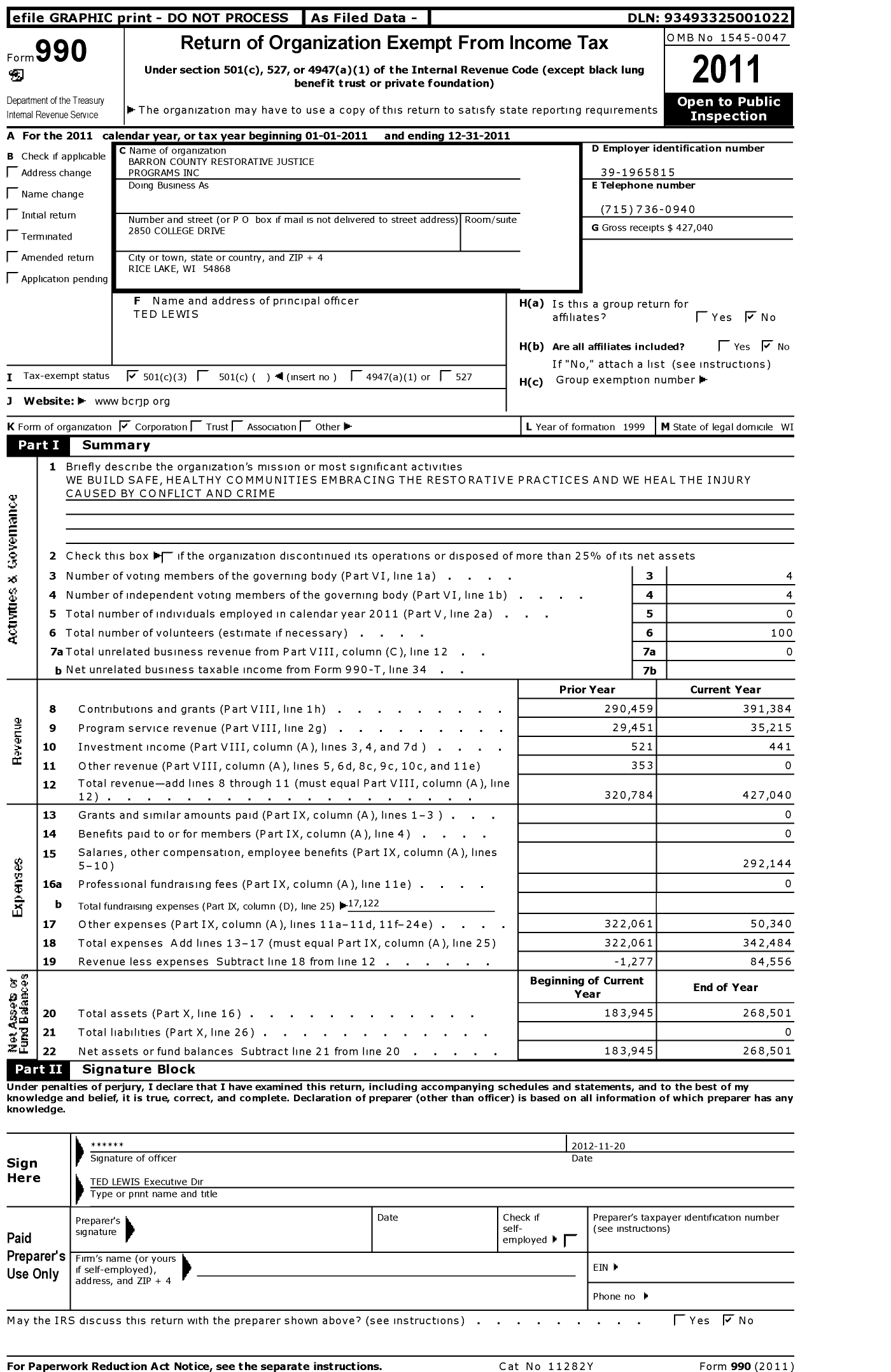 Image of first page of 2011 Form 990 for Barron County Restorative Justice Programs