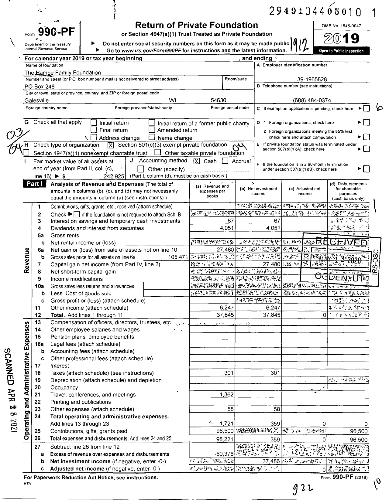 Image of first page of 2019 Form 990PF for The Hampe Family Foundation