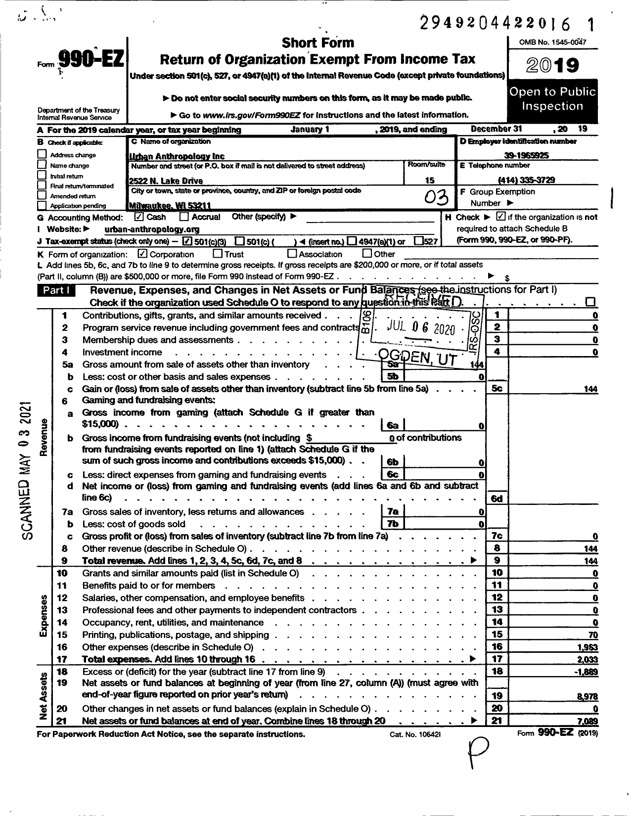 Image of first page of 2019 Form 990EZ for Urban Anthropology