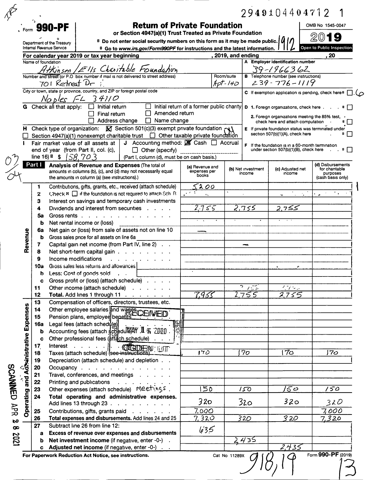 Image of first page of 2019 Form 990PF for Atkinson Ells Charitable Foundation