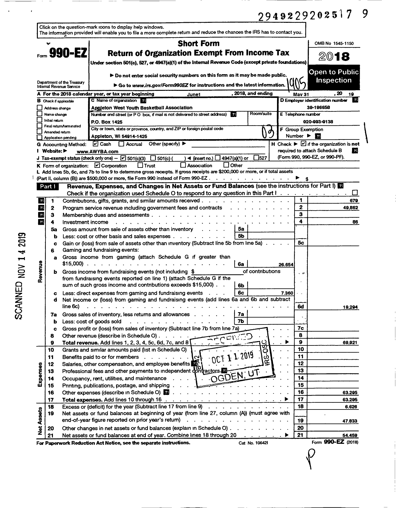 Image of first page of 2018 Form 990EZ for Appleton West Youth Basketball Association