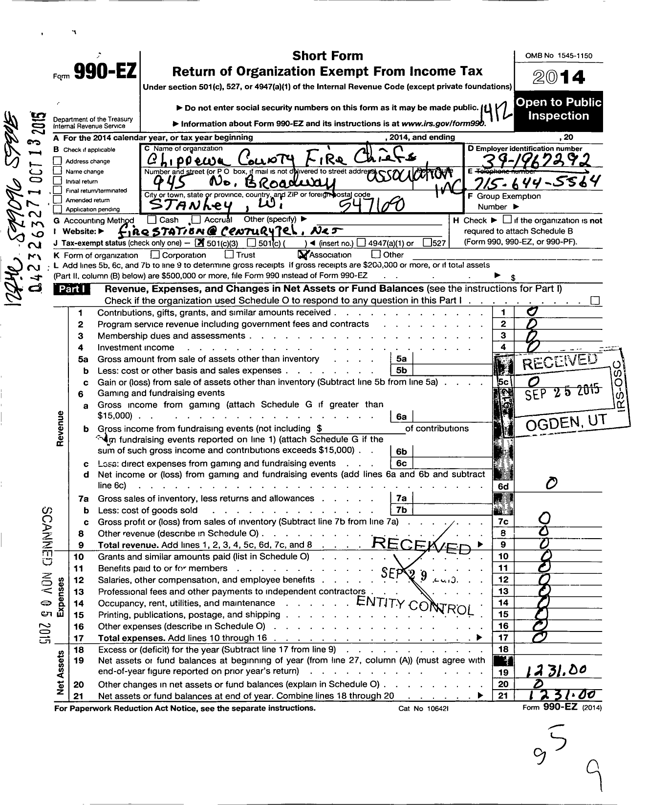 Image of first page of 2014 Form 990EZ for Chippewa County Fire Chief Association