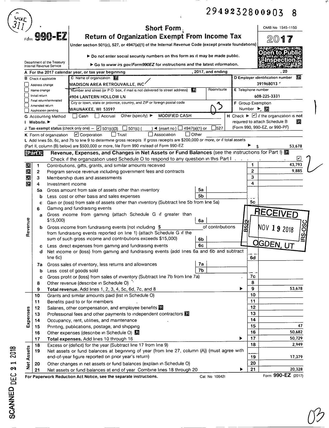 Image of first page of 2017 Form 990EZ for Madison Area Retrouvaille