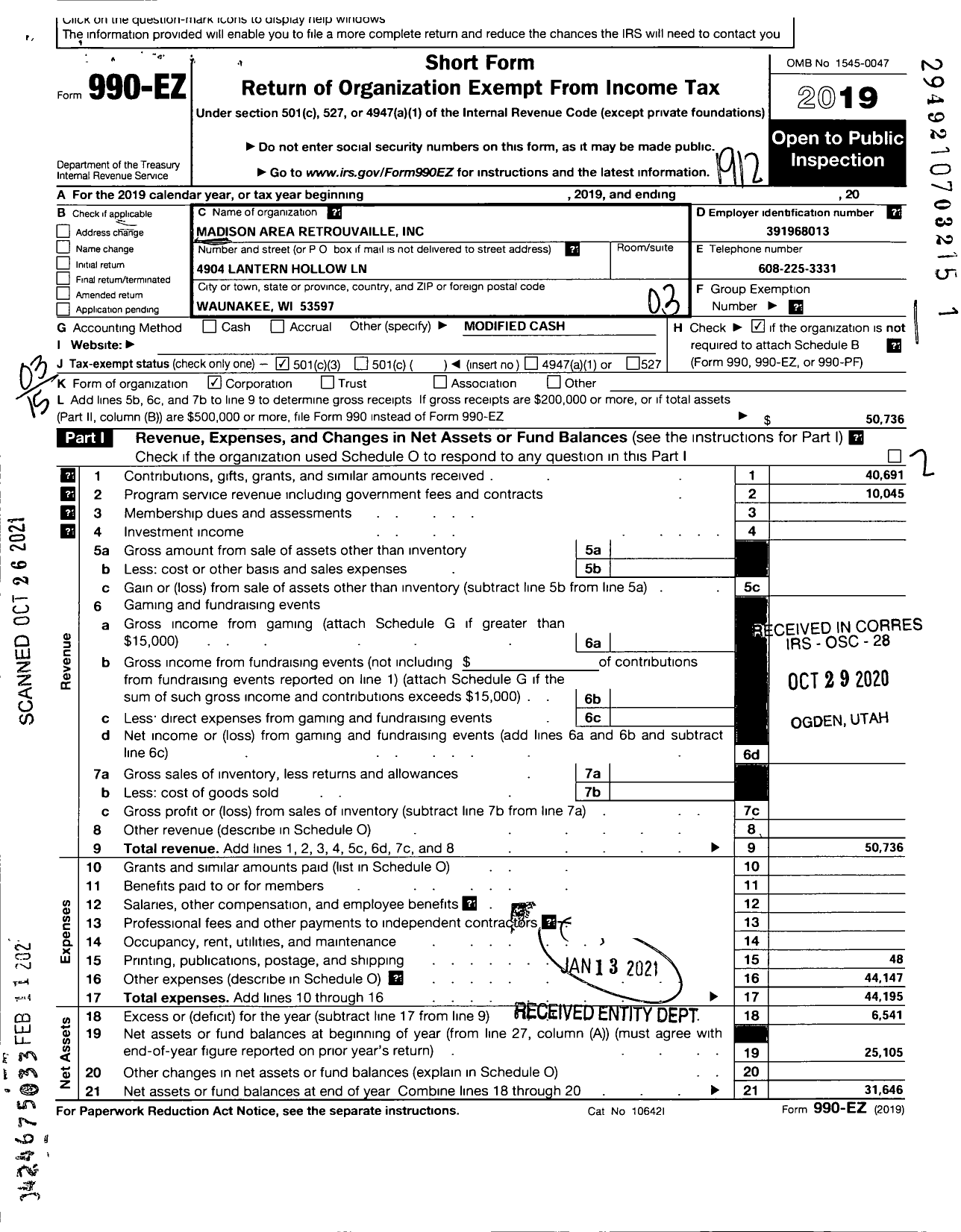 Image of first page of 2019 Form 990EZ for Madison Area Retrouvaille