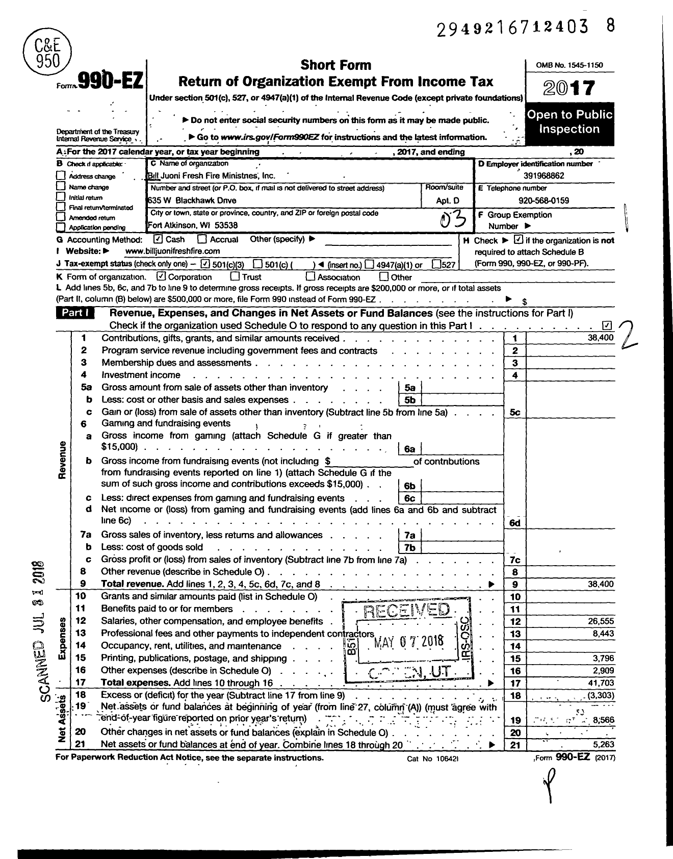 Image of first page of 2017 Form 990EZ for Bill Juoni Fresh Fire Ministries