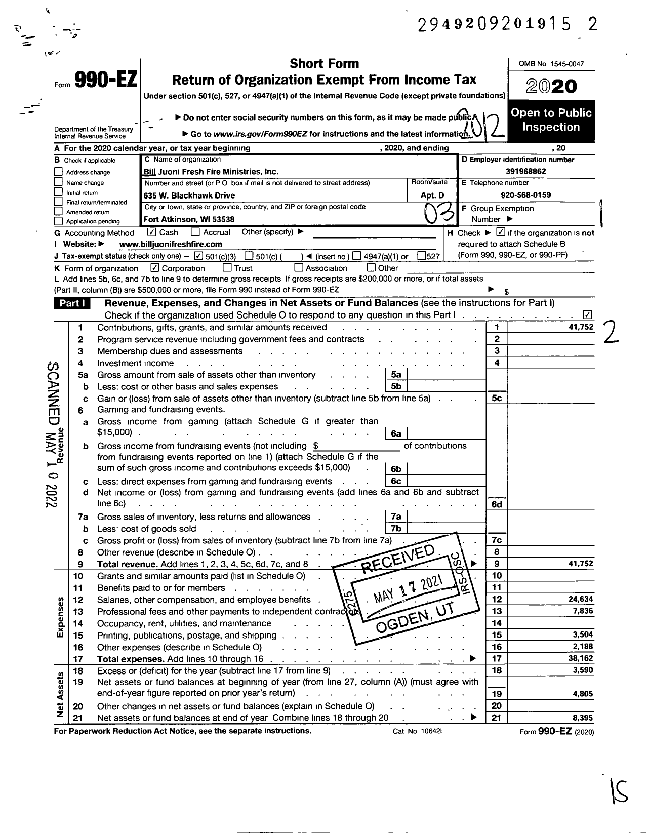 Image of first page of 2020 Form 990EZ for Bill Juoni Fresh Fire Ministries