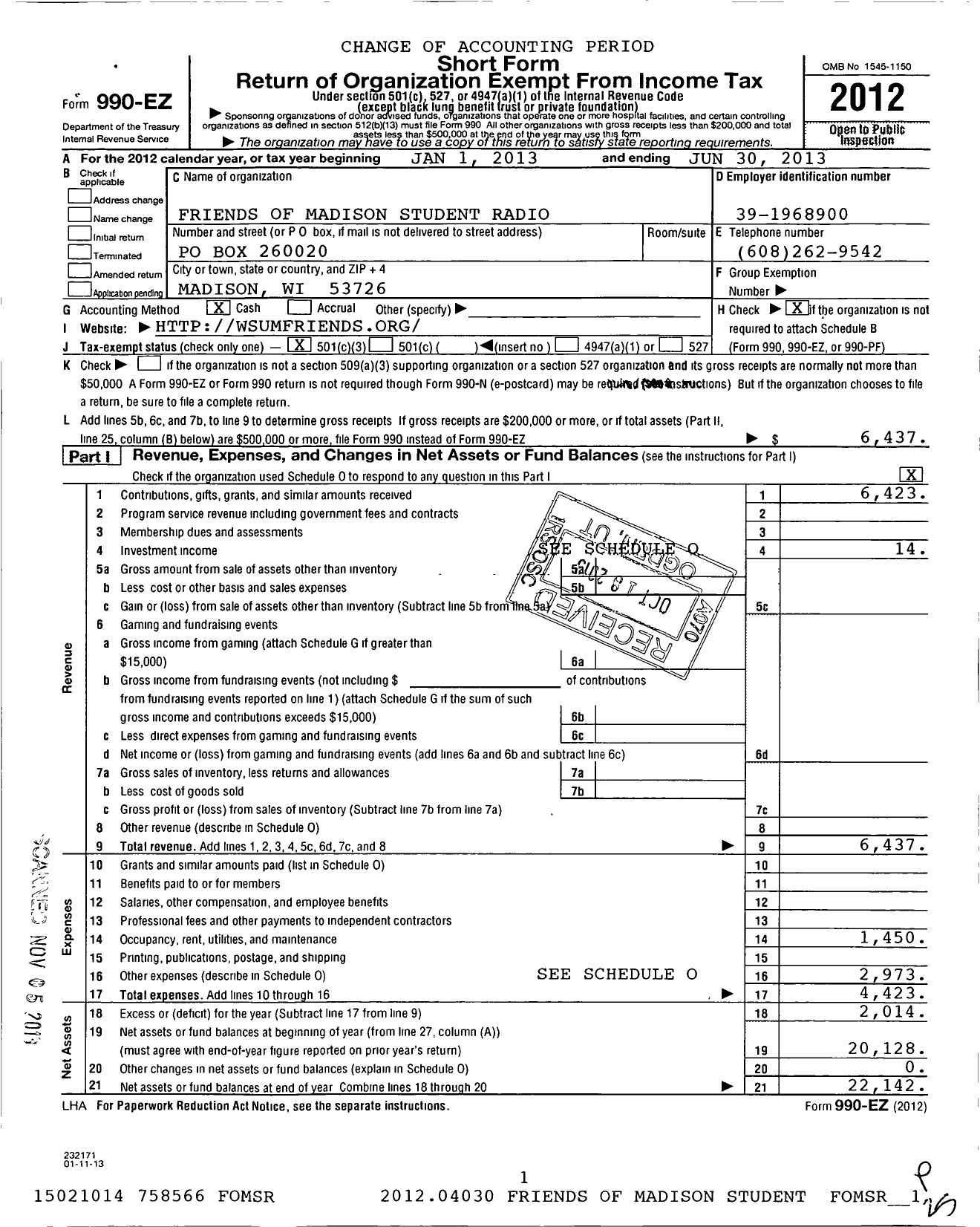 Image of first page of 2012 Form 990EZ for Friends of Madison Student Radio