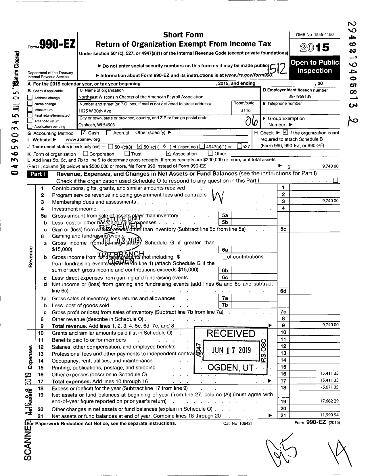 Image of first page of 2015 Form 990EO for Northeast Wisconsin Chapter American Payroll Association