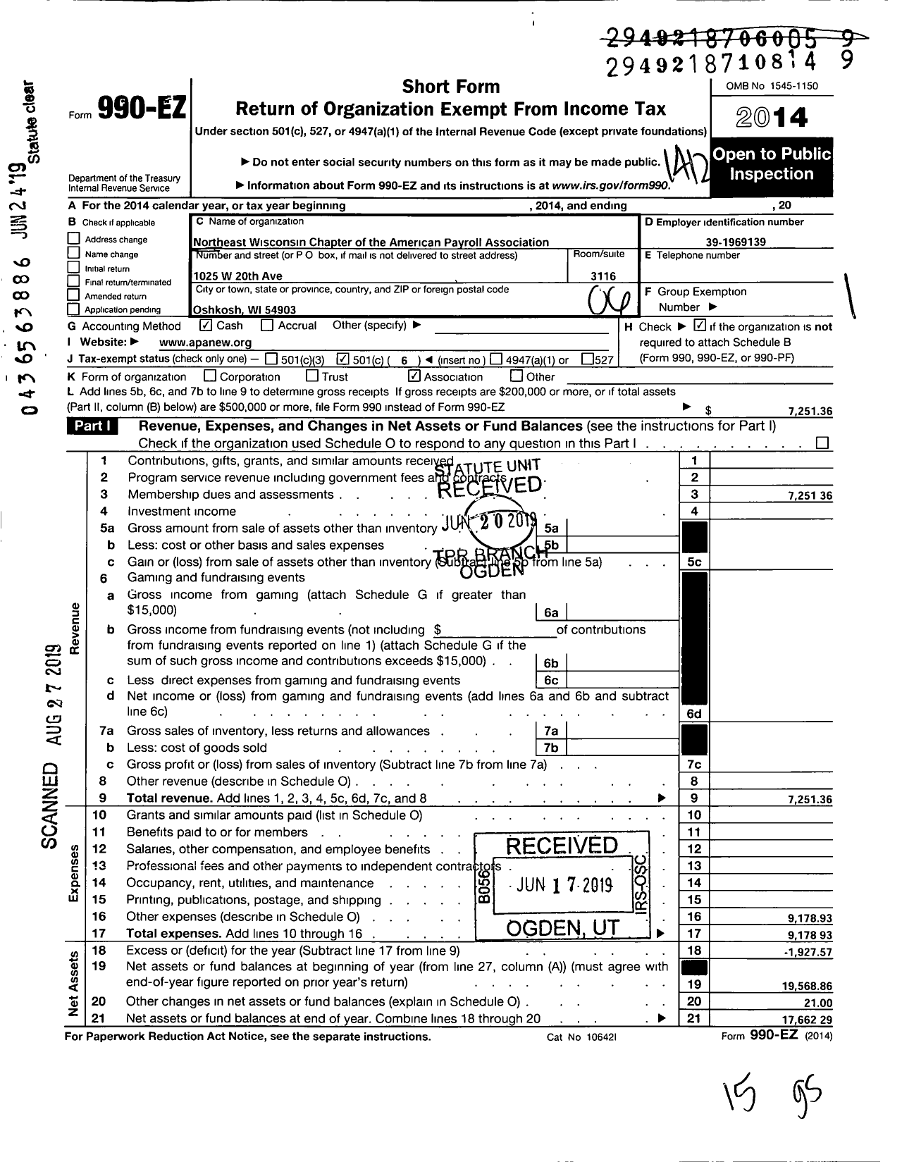 Image of first page of 2014 Form 990EO for Northeast Wisconsin Chapter American Payroll Association