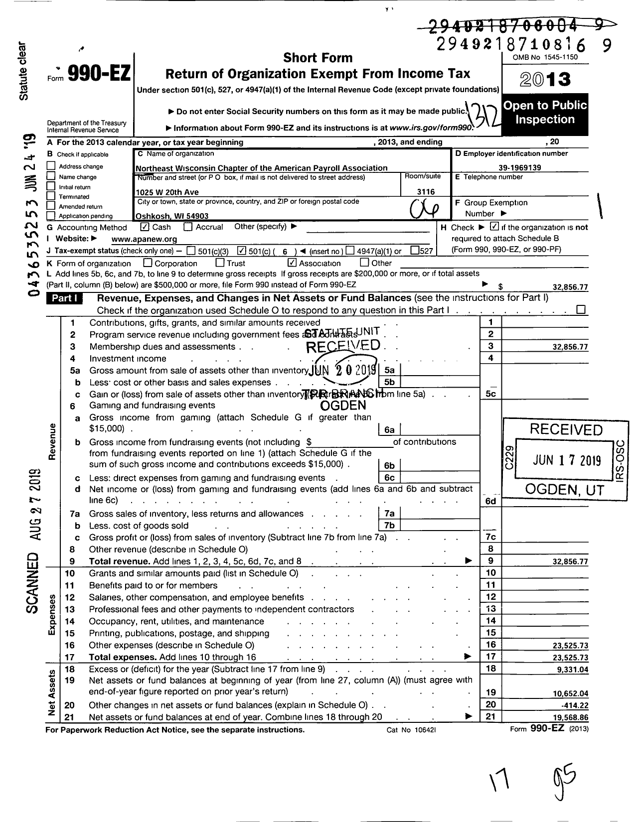 Image of first page of 2013 Form 990EO for Northeast Wisconsin Chapter American Payroll Association