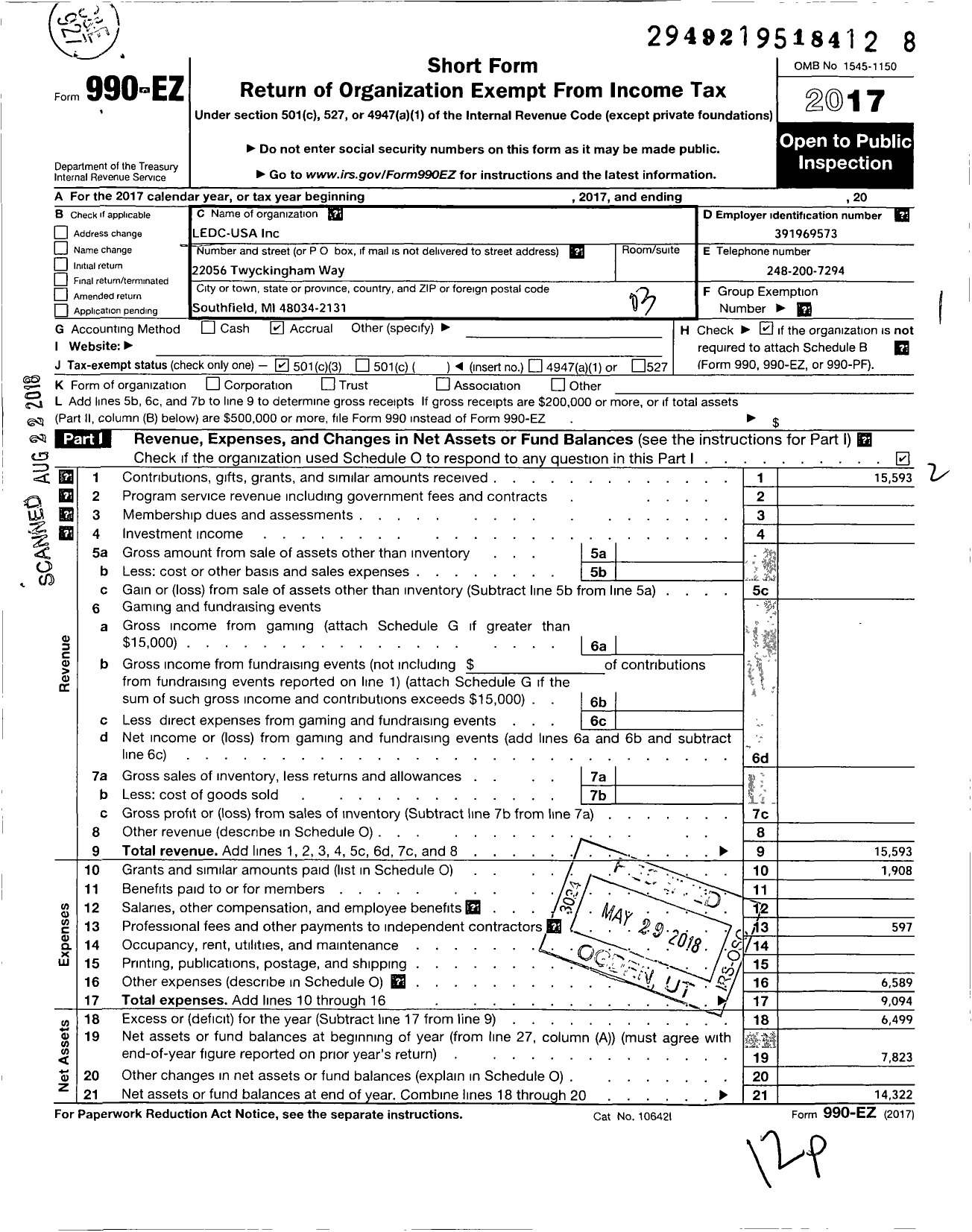 Image of first page of 2017 Form 990EZ for Lecda-Usa