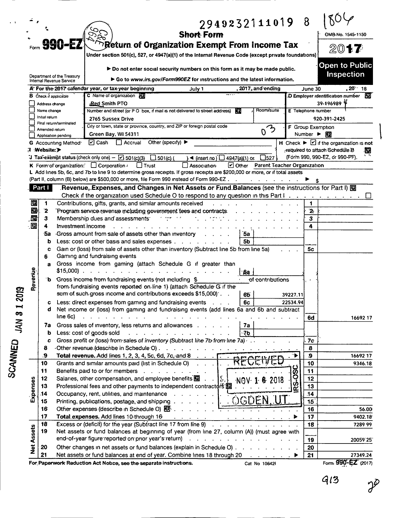 Image of first page of 2017 Form 990EZ for Red Smith School Parent-Teacher Organization