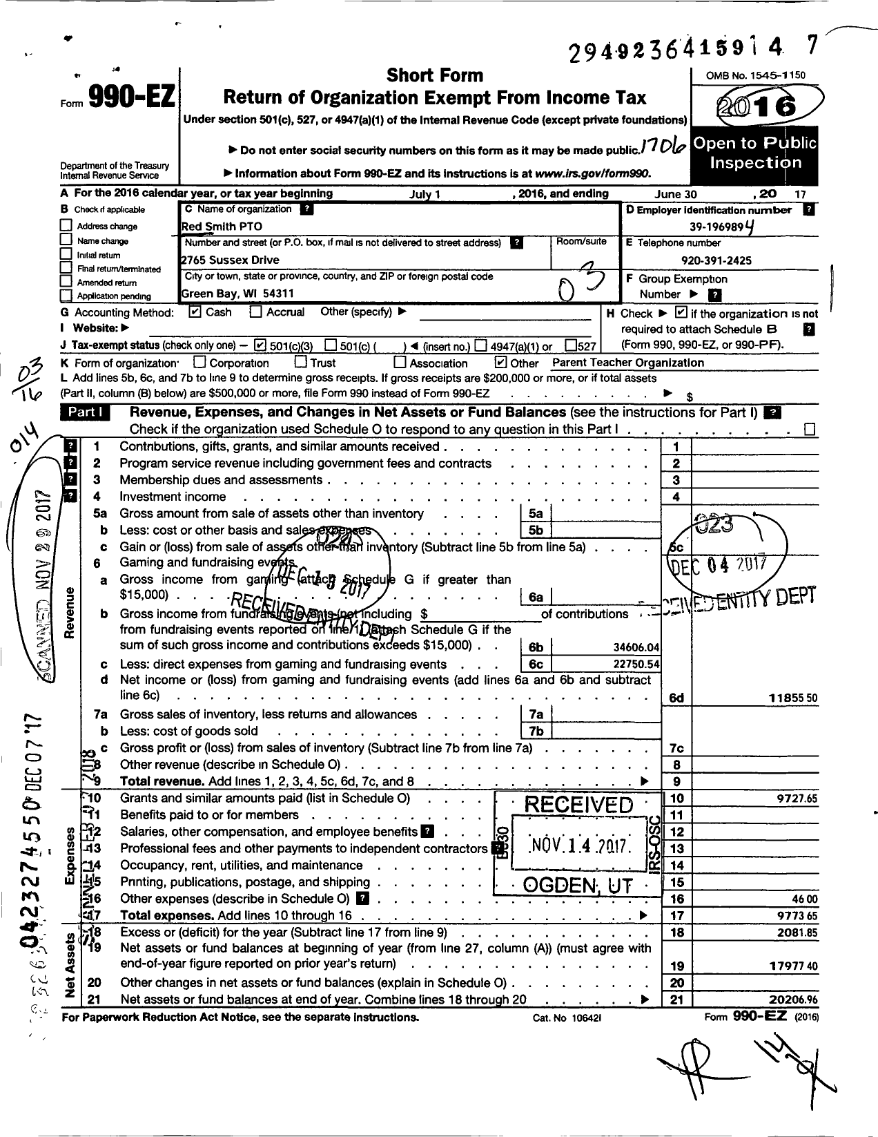 Image of first page of 2016 Form 990EZ for Red Smith School Parent-Teacher Organization