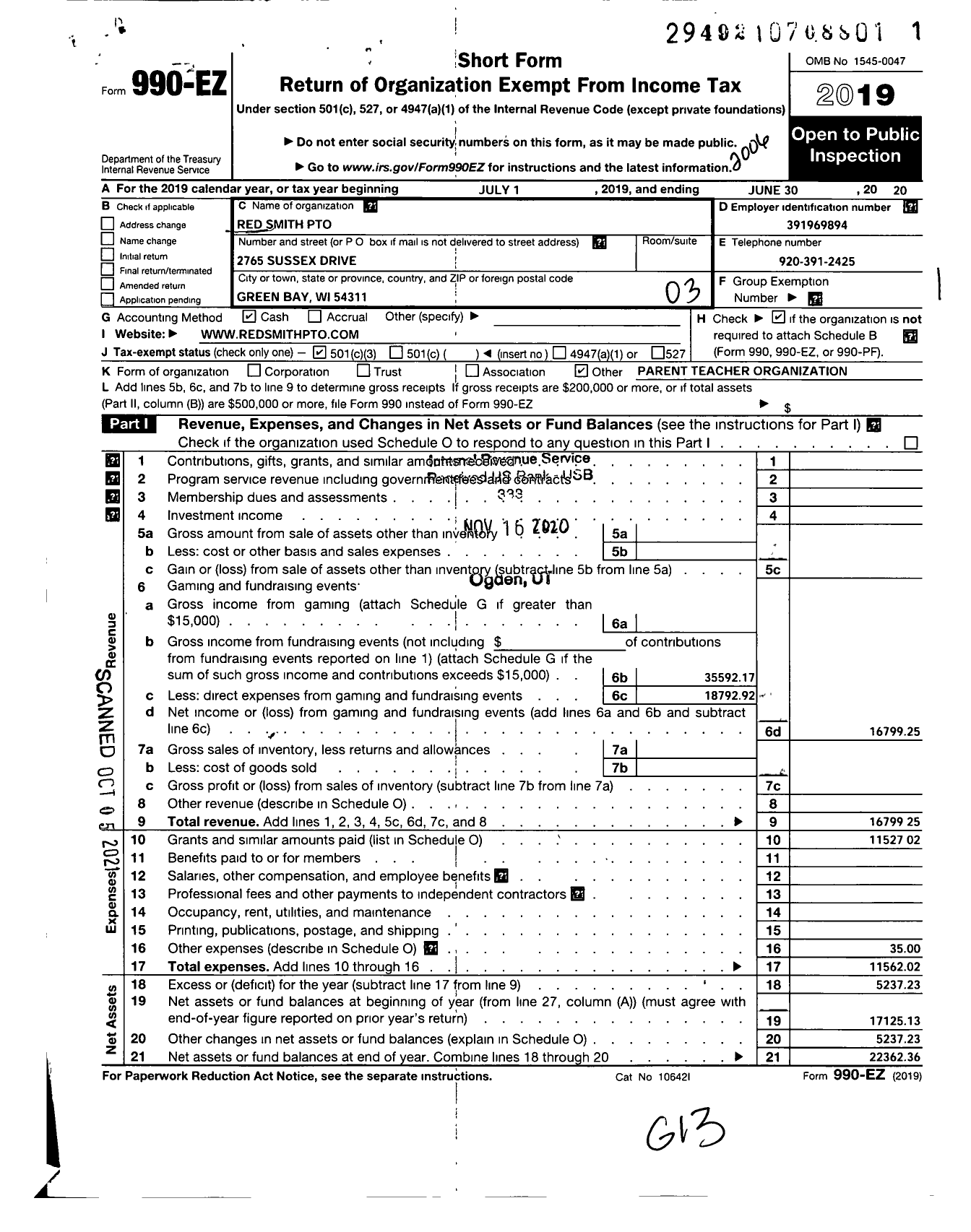 Image of first page of 2019 Form 990EZ for Red Smith School Parent-Teacher Organization