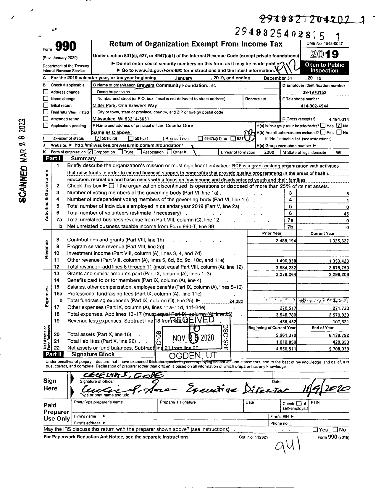 Image of first page of 2019 Form 990 for Brewers Community Foundation