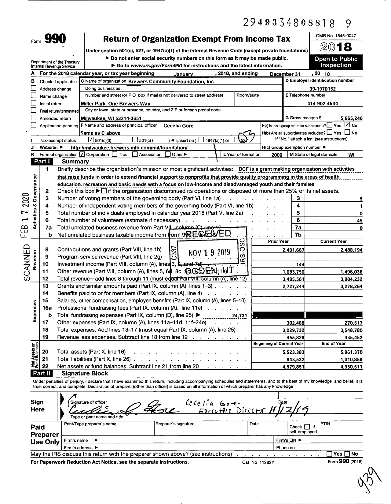 Image of first page of 2018 Form 990 for Brewers Community Foundation