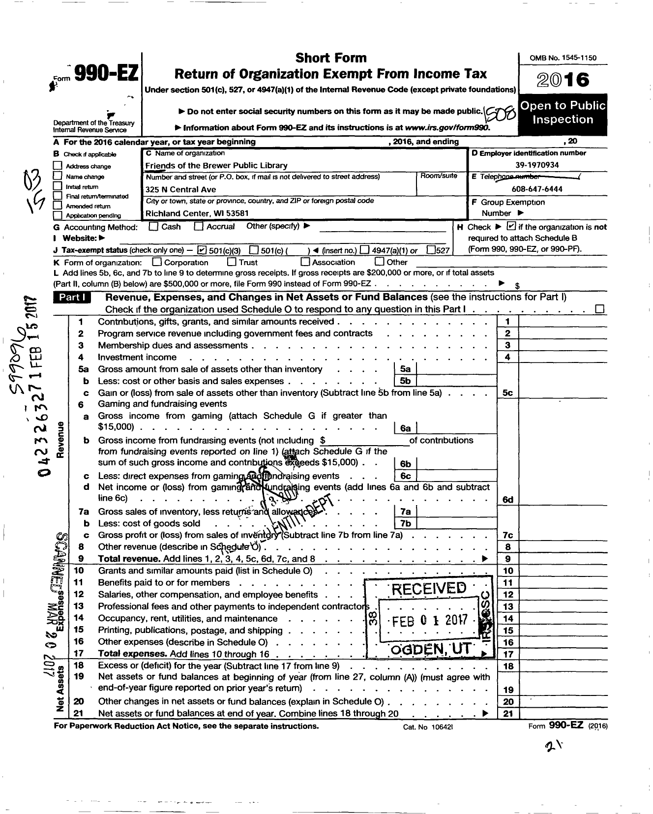 Image of first page of 2014 Form 990EZ for Friends of the Brewer Public Library