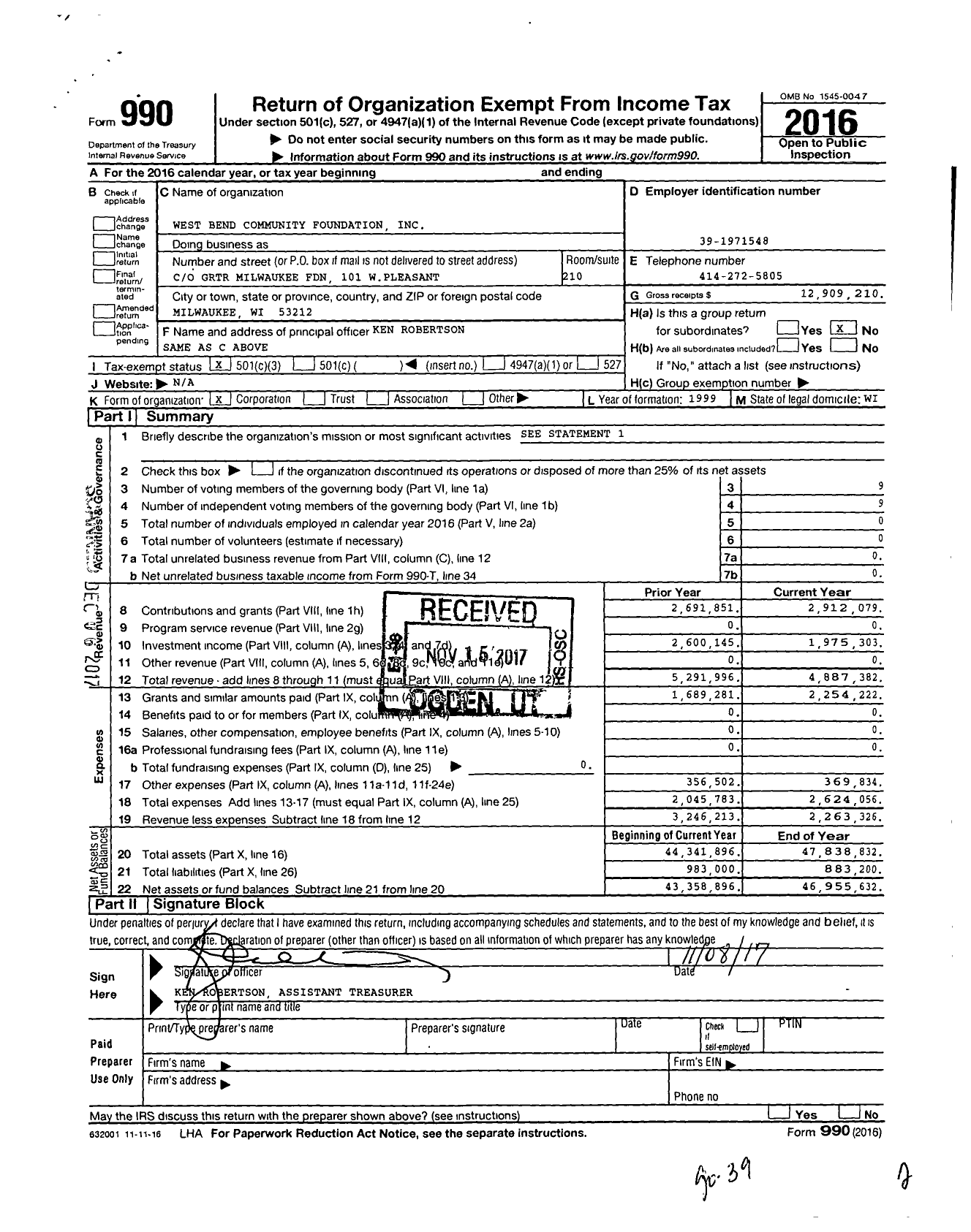 Image of first page of 2016 Form 990 for West Bend Community Foundation (WBCF)
