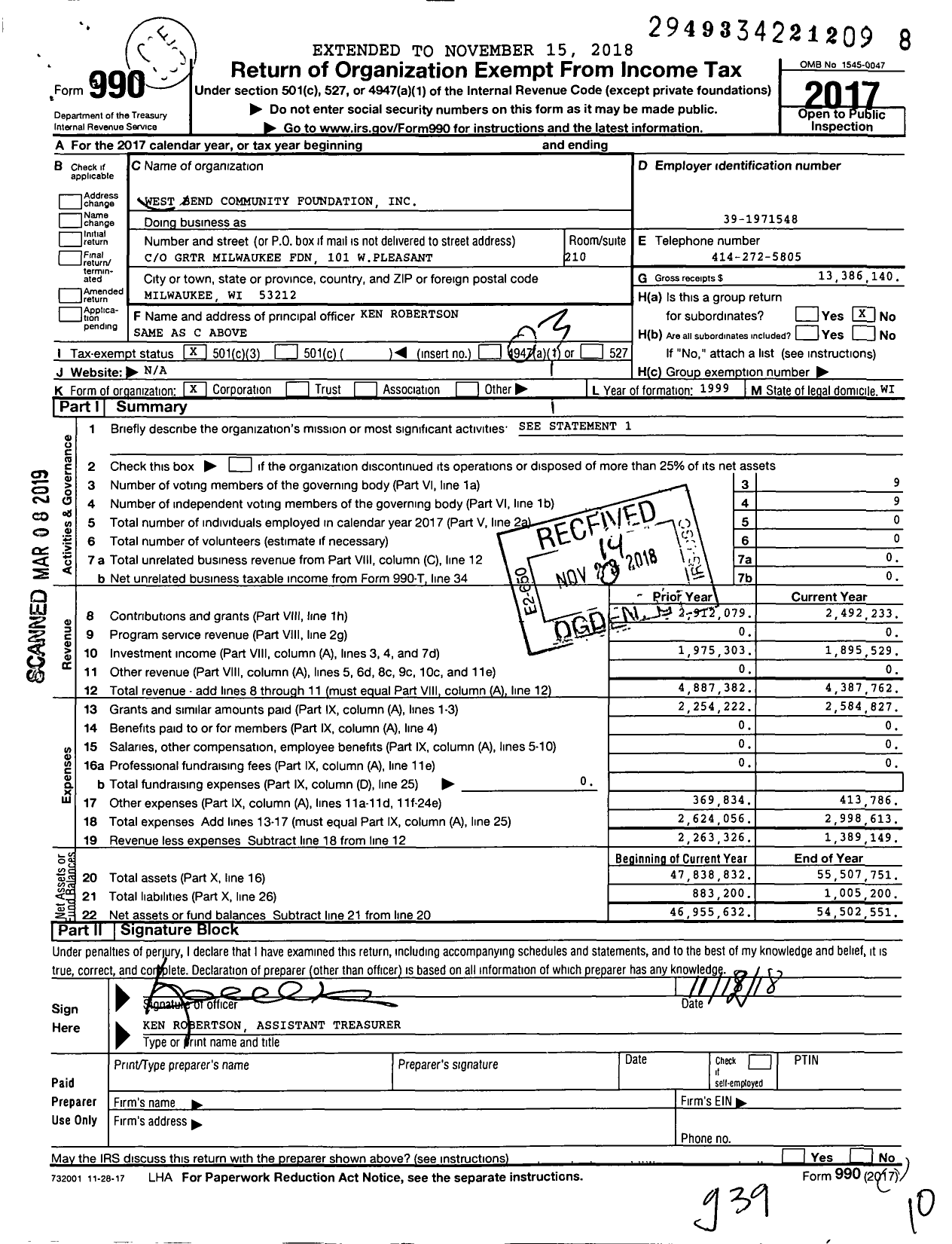 Image of first page of 2017 Form 990 for West Bend Community Foundation (WBCF)