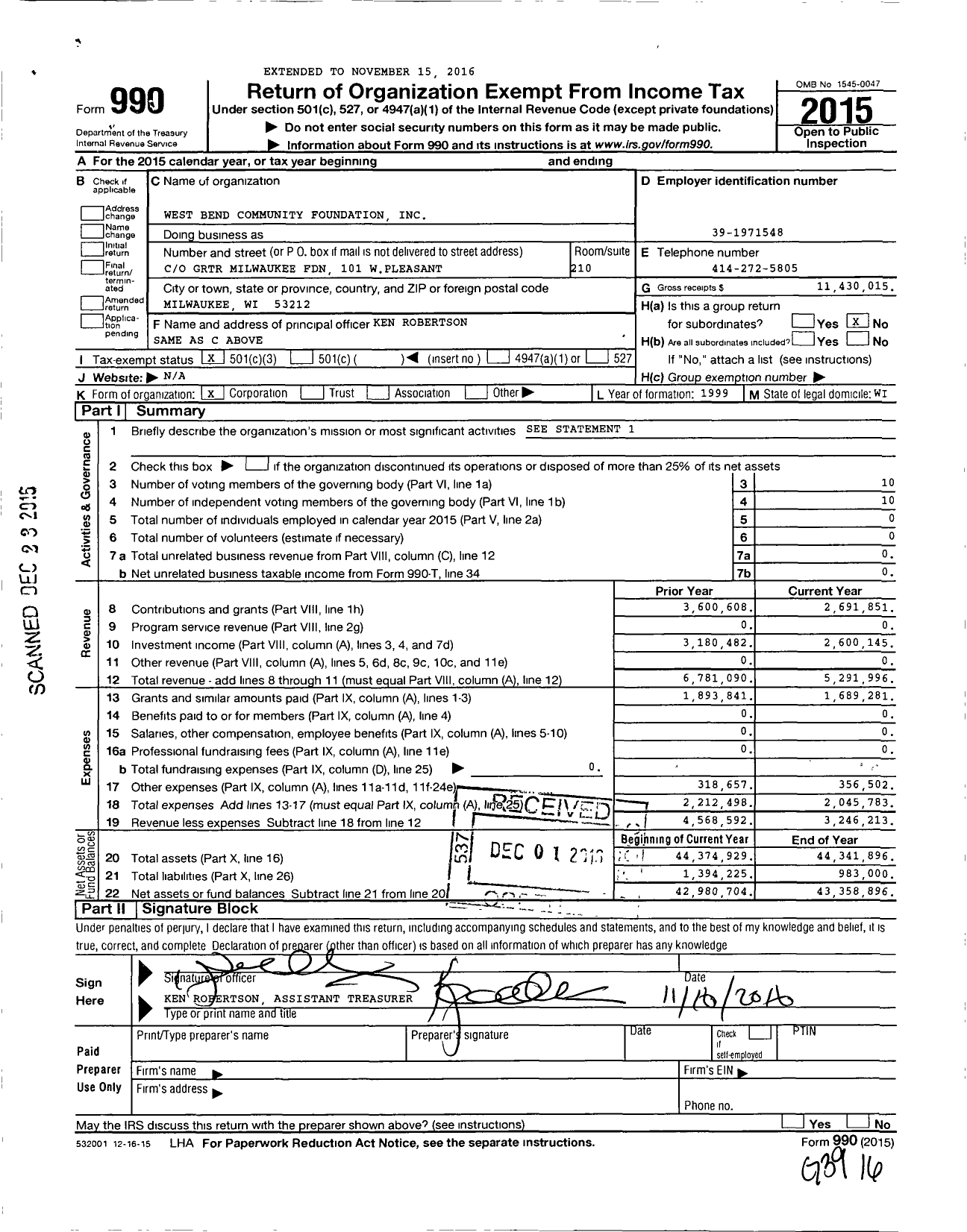Image of first page of 2015 Form 990 for West Bend Community Foundation (WBCF)