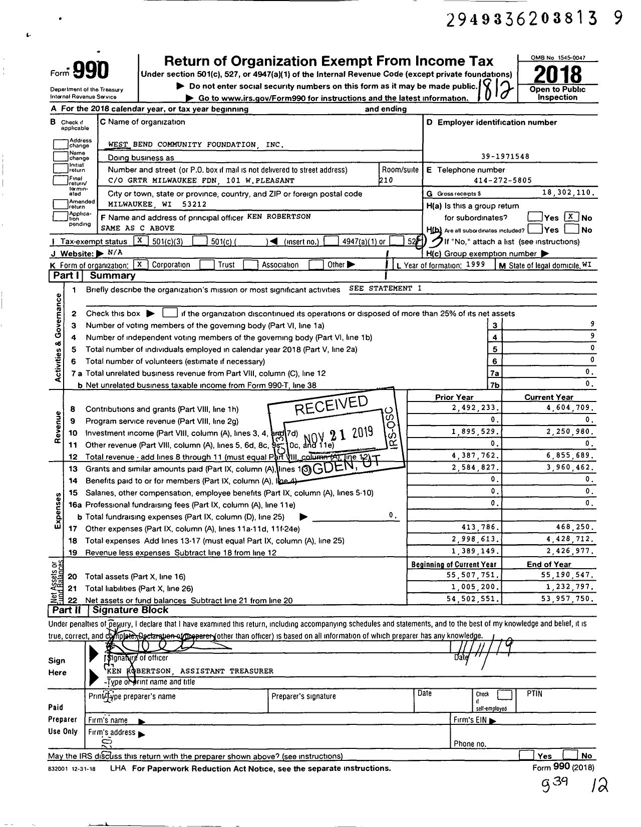 Image of first page of 2018 Form 990 for West Bend Community Foundation (WBCF)