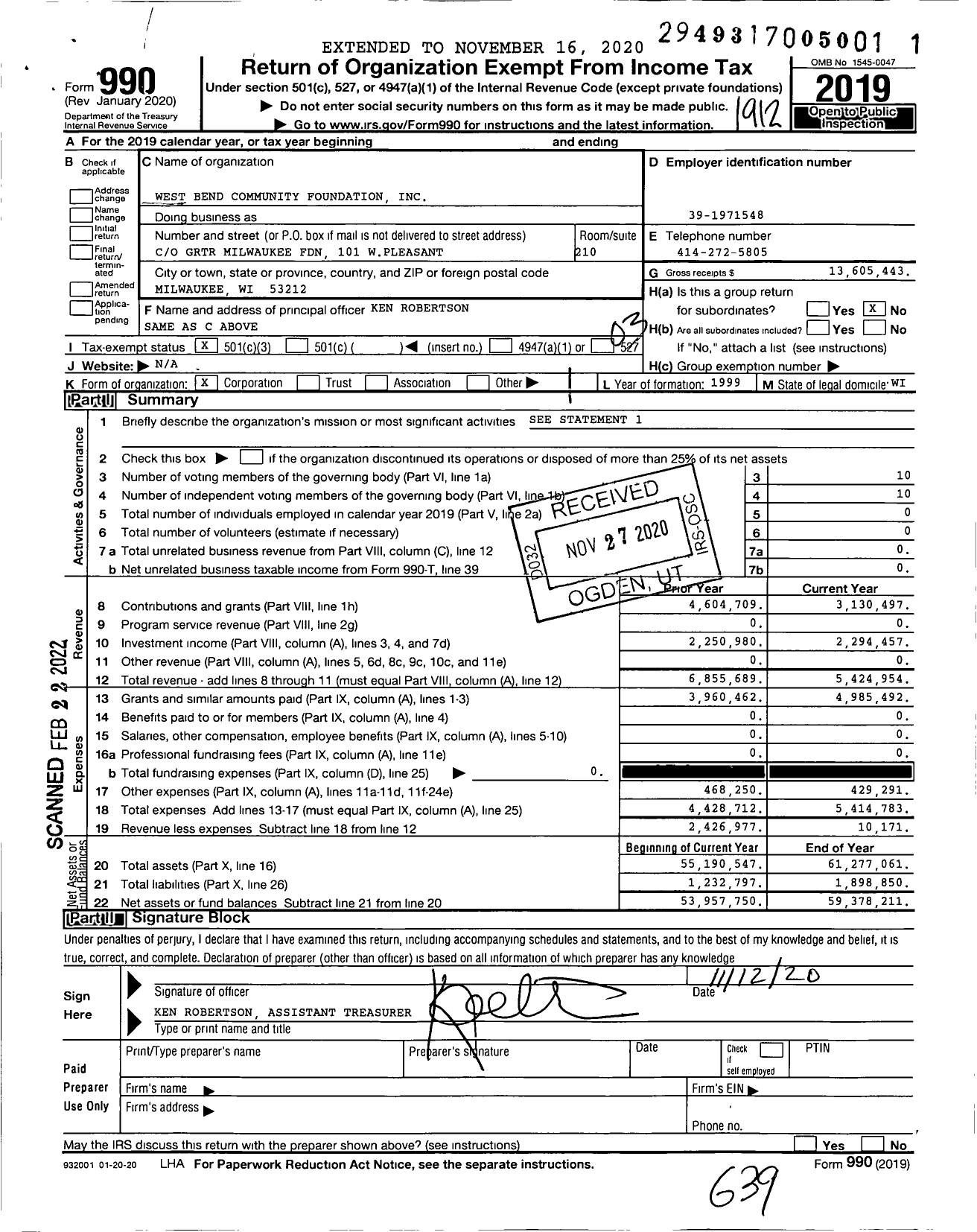 Image of first page of 2019 Form 990 for West Bend Community Foundation (WBCF)