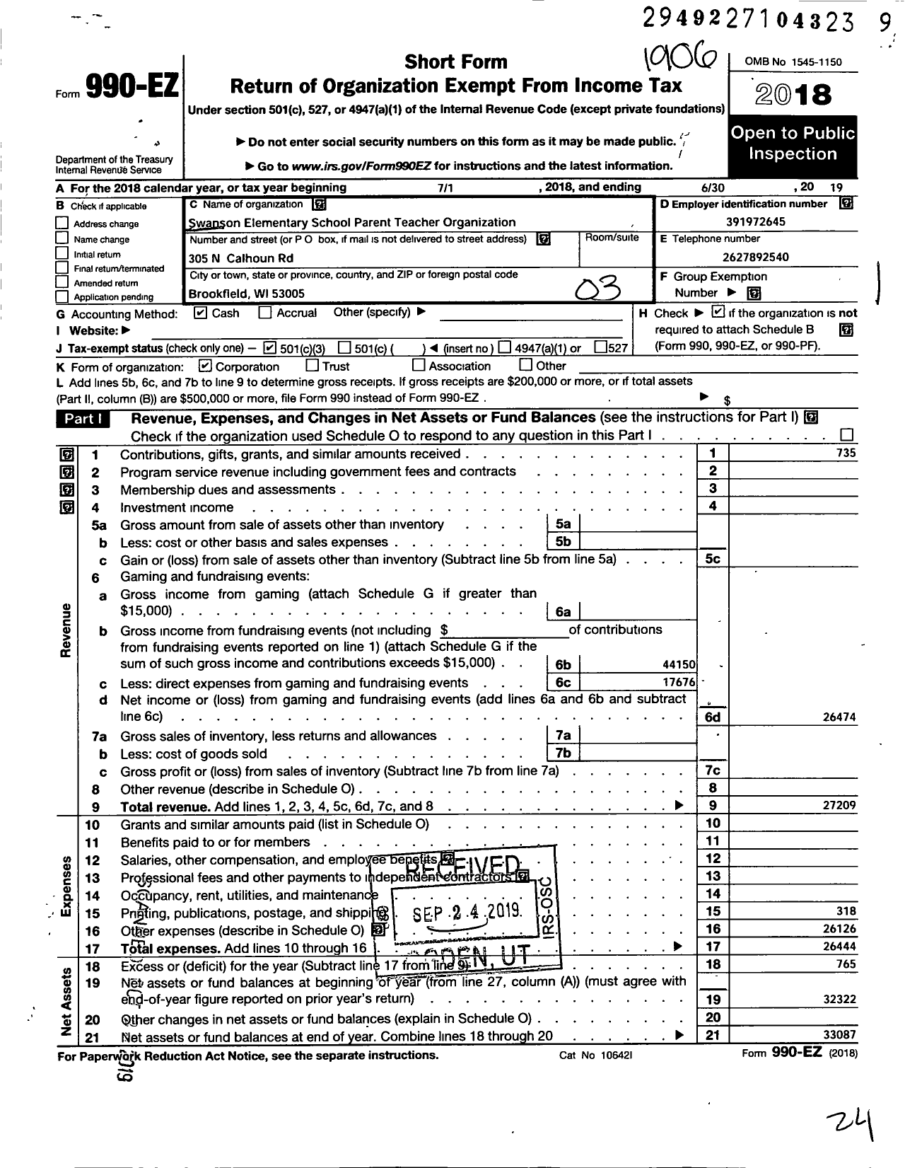 Image of first page of 2018 Form 990EZ for Swanson Elementary School Parent Teacher Organization