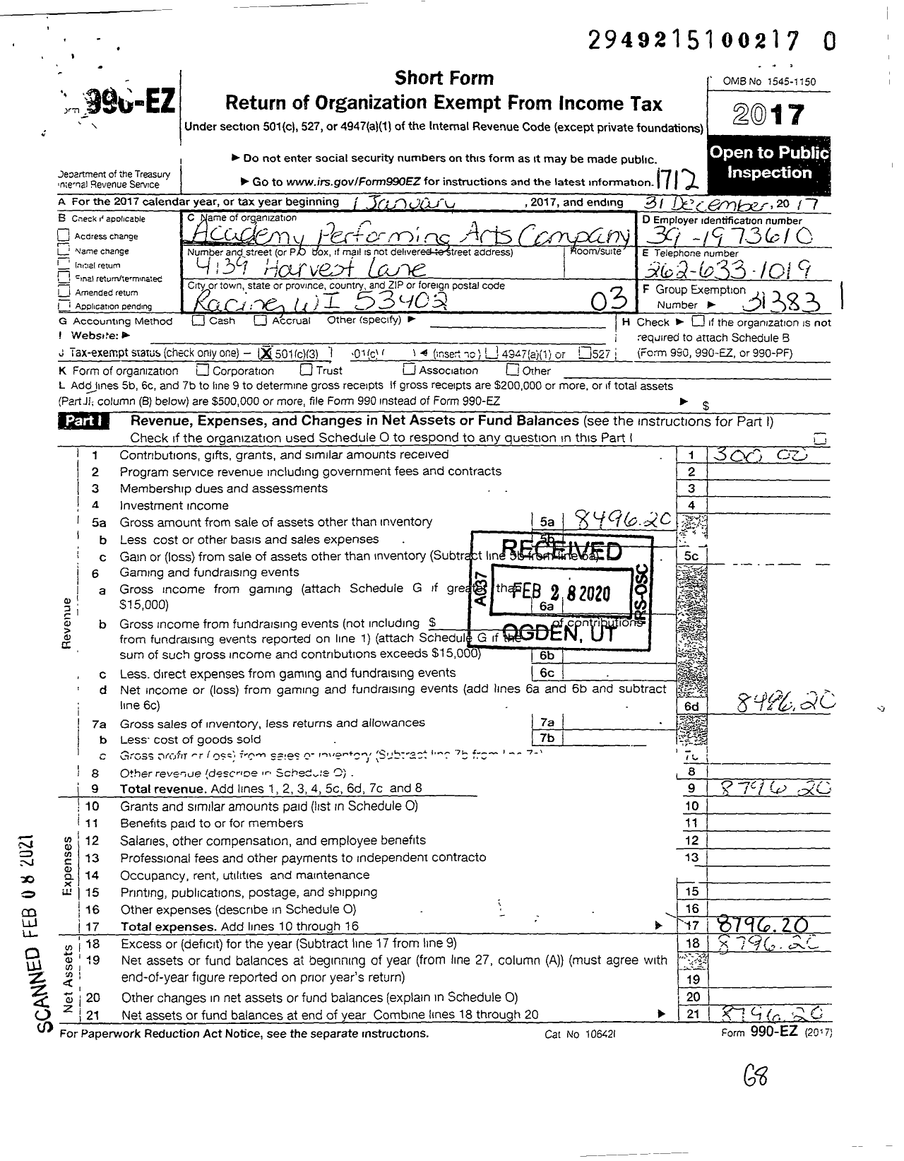 Image of first page of 2017 Form 990EZ for Academy Performing Arts