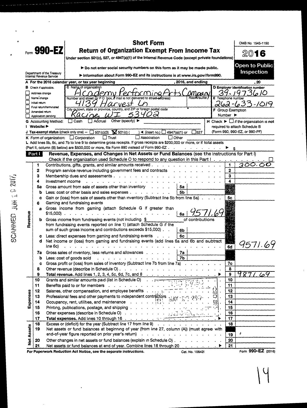 Image of first page of 2016 Form 990EO for Academy Performing Arts