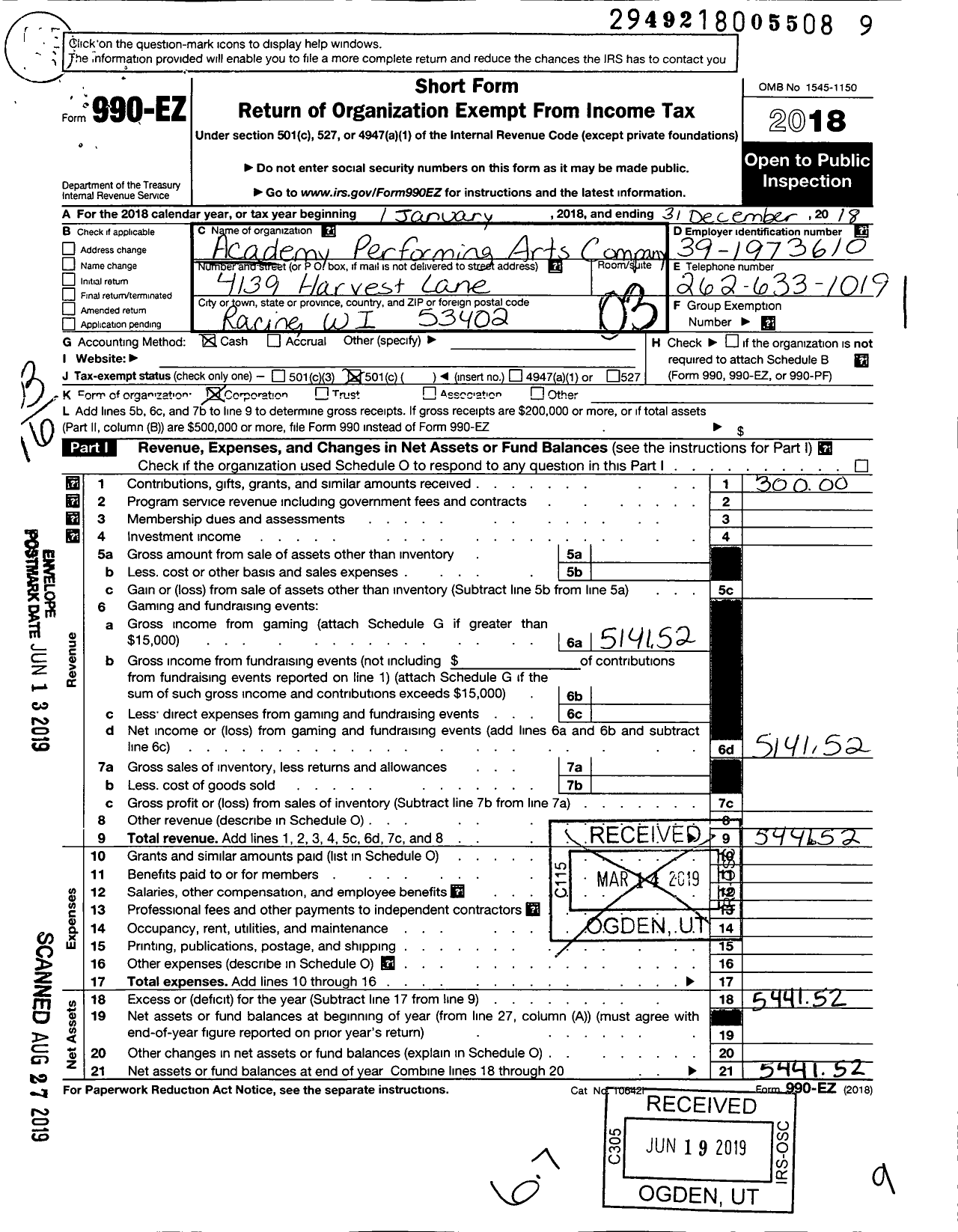 Image of first page of 2018 Form 990EZ for Academy Performing Arts