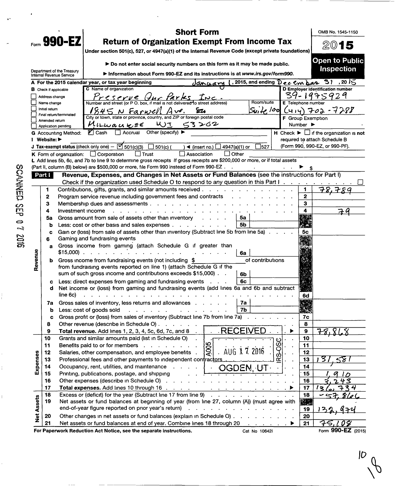 Image of first page of 2015 Form 990EZ for Preserve Our Parks