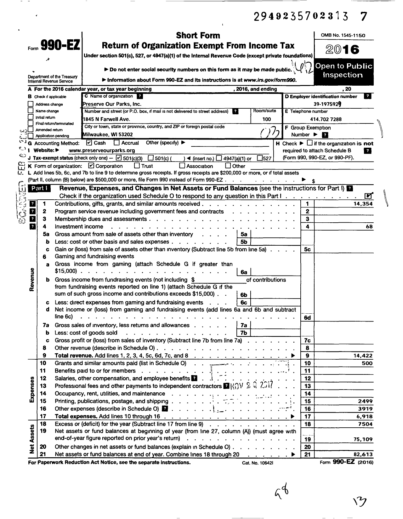 Image of first page of 2016 Form 990EZ for Preserve Our Parks