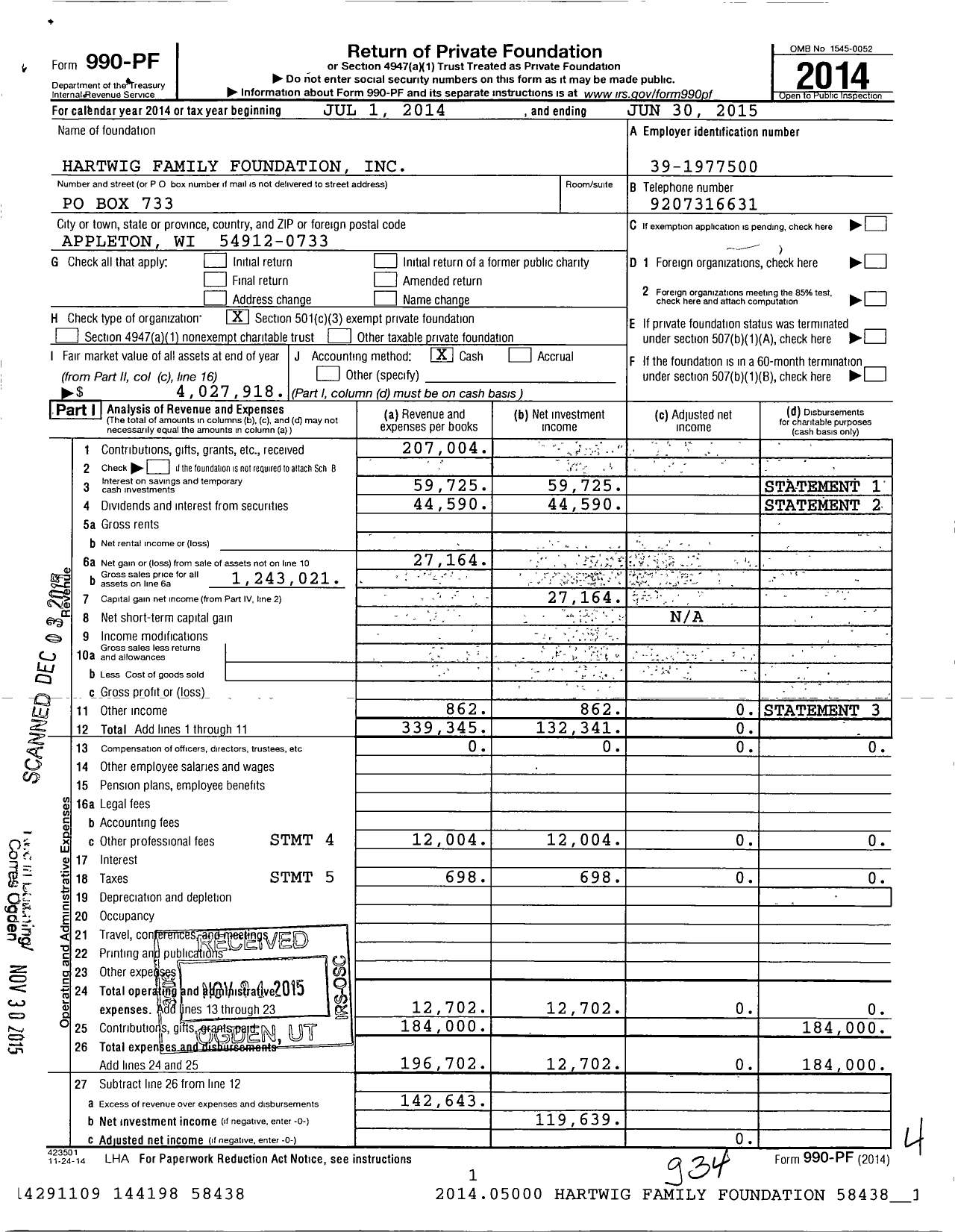 Image of first page of 2014 Form 990PF for Hartwig Family Foundation