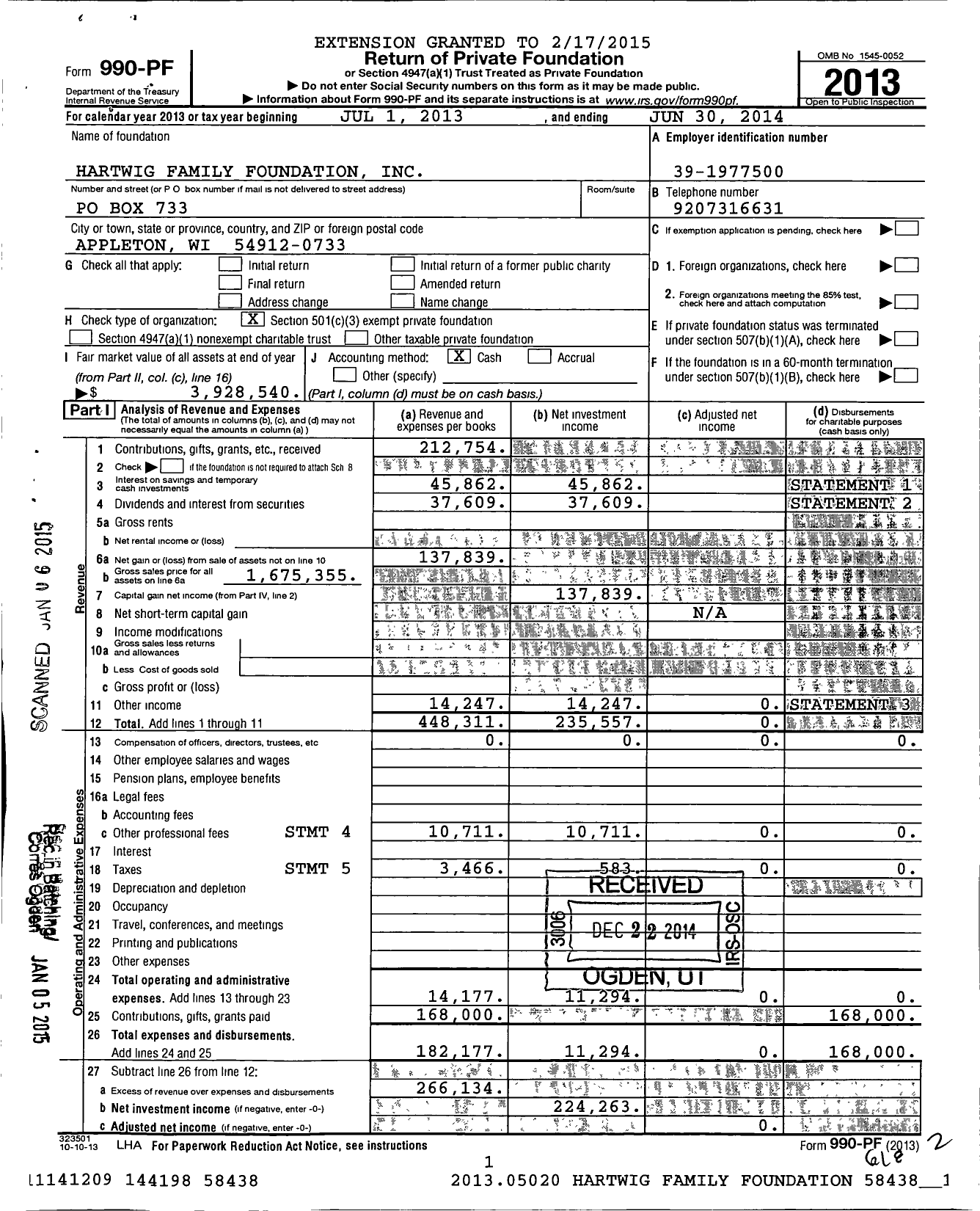 Image of first page of 2013 Form 990PF for Hartwig Family Foundation