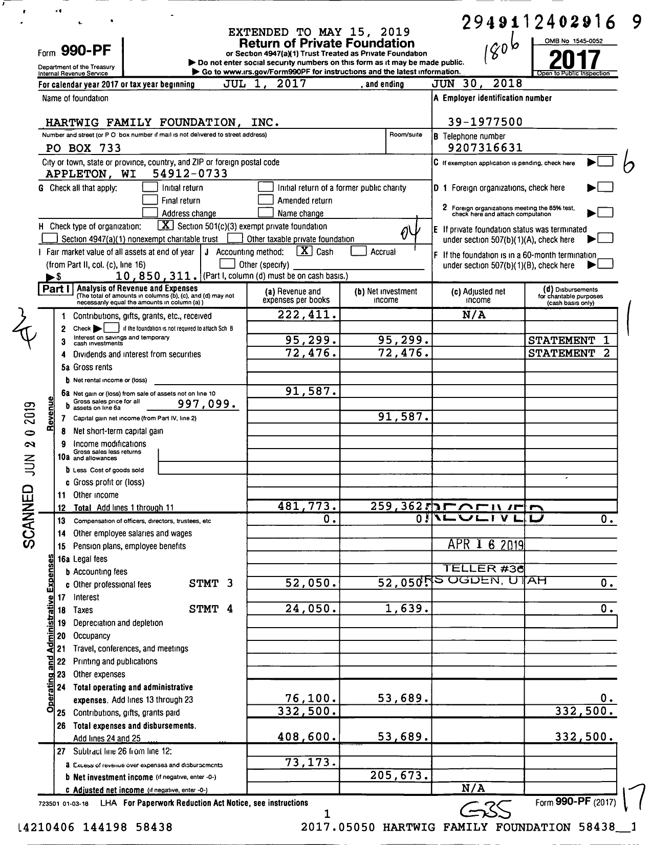 Image of first page of 2017 Form 990PF for Hartwig Family Foundation