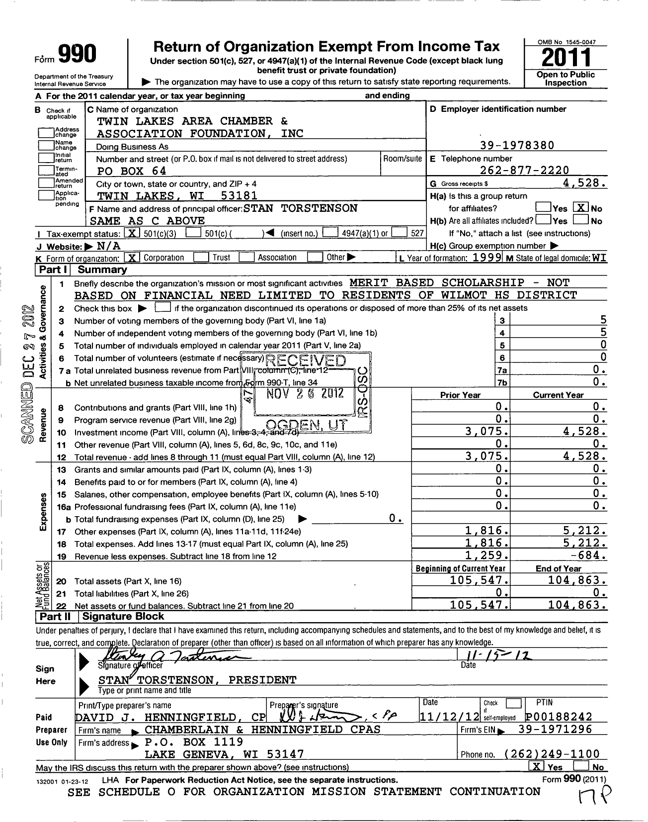 Image of first page of 2011 Form 990 for Twin Lakes Area Chamber and Business Association Foundation