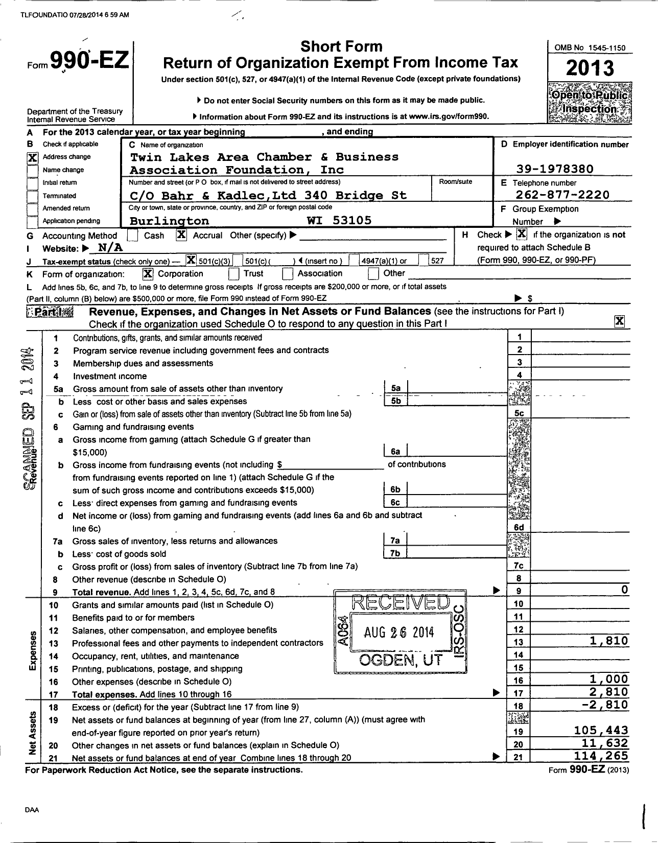 Image of first page of 2013 Form 990EZ for Twin Lakes Area Chamber and Business Association Foundation