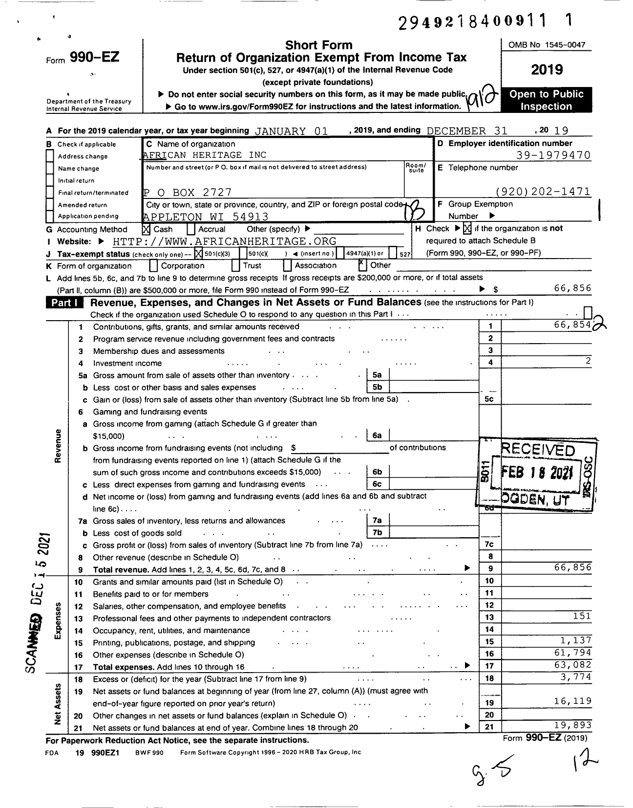 Image of first page of 2019 Form 990EZ for African Heritage