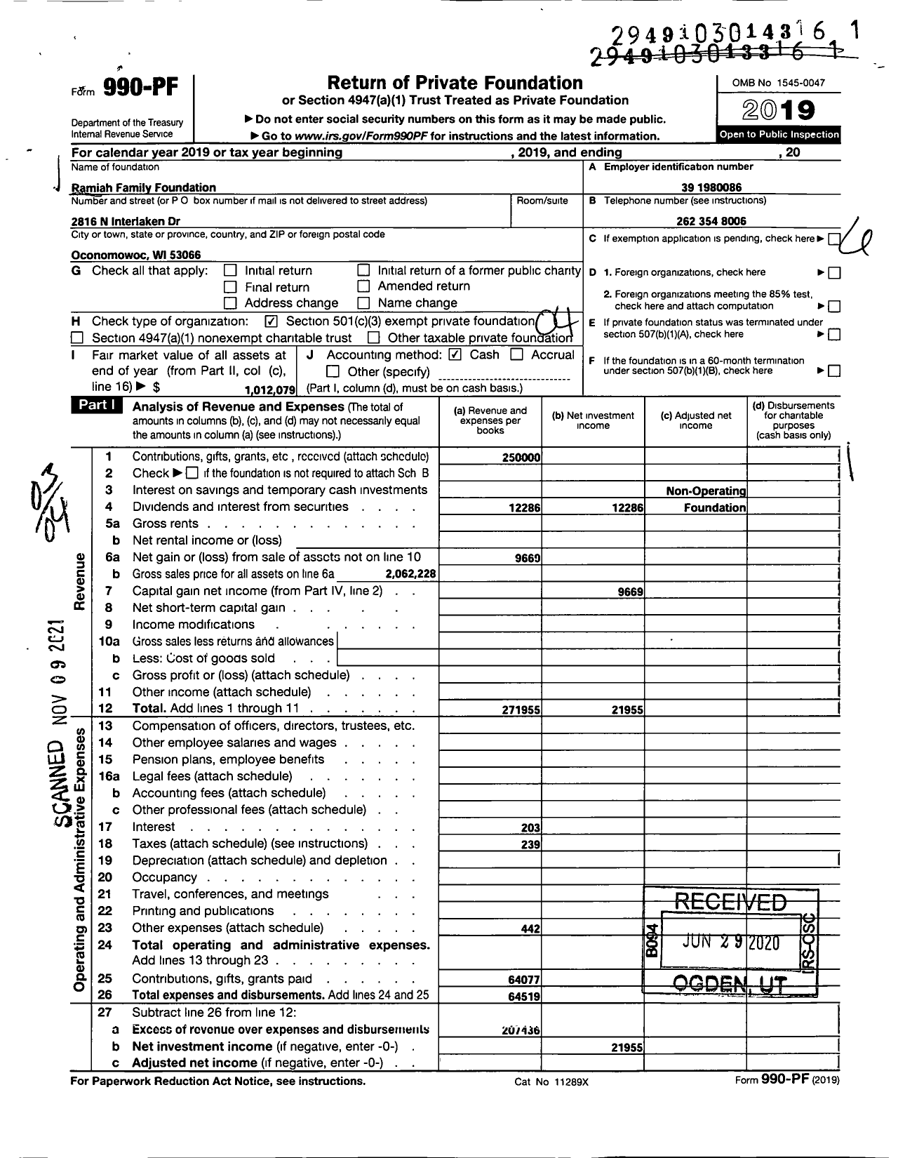 Image of first page of 2019 Form 990PF for Ramiah Family Foundation