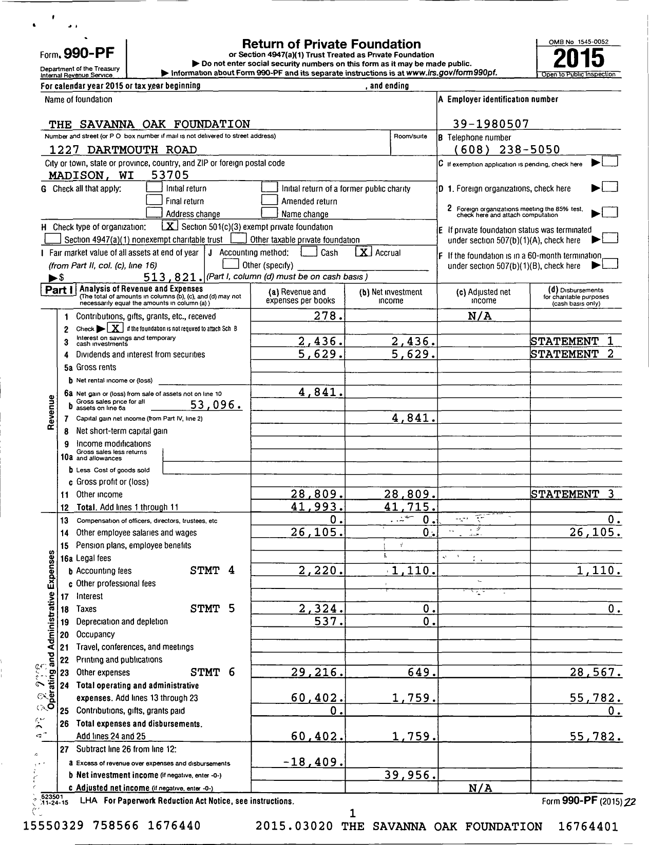 Image of first page of 2015 Form 990PF for The Savanna Oak Foundation