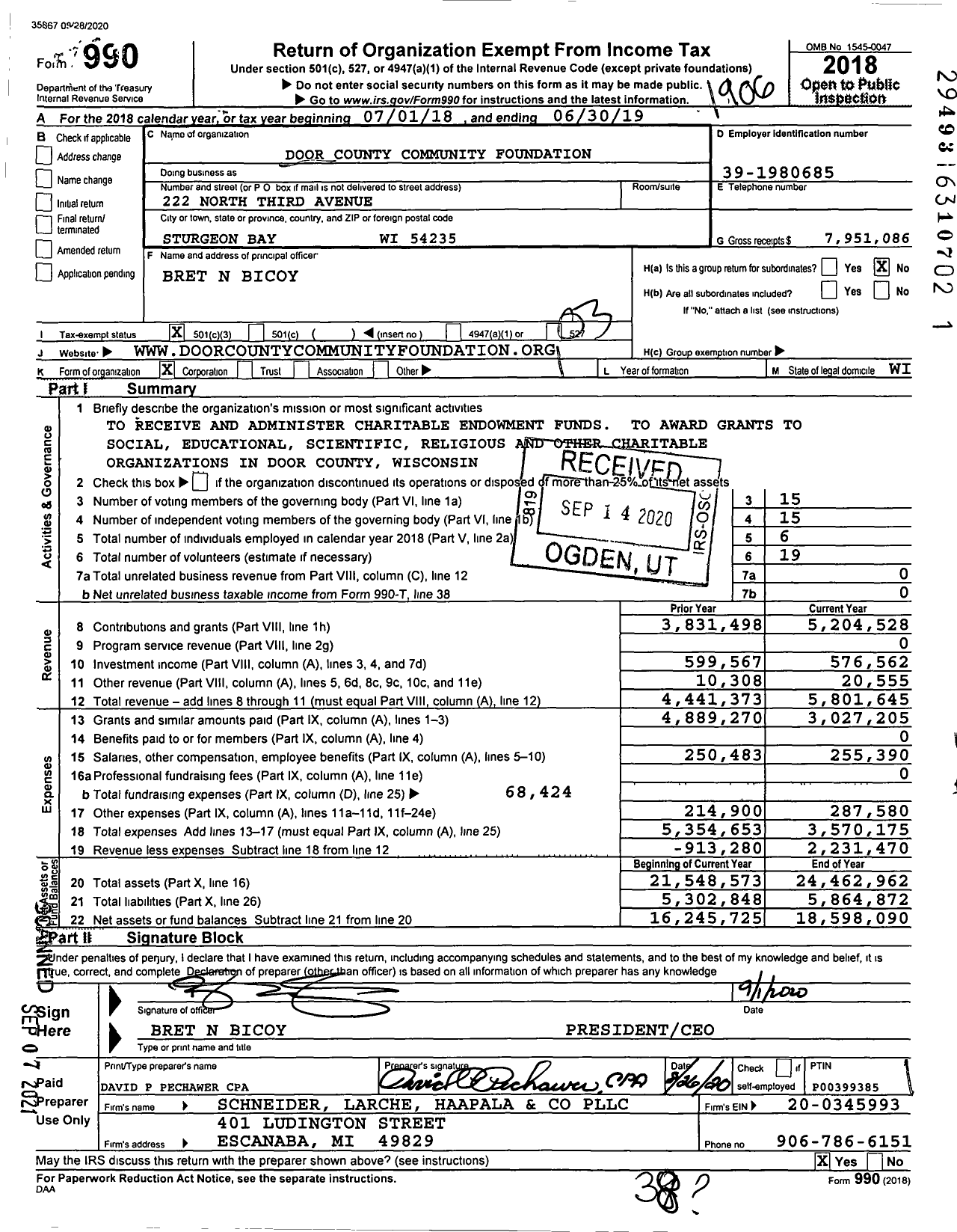 Image of first page of 2018 Form 990 for Door County Community Foundation