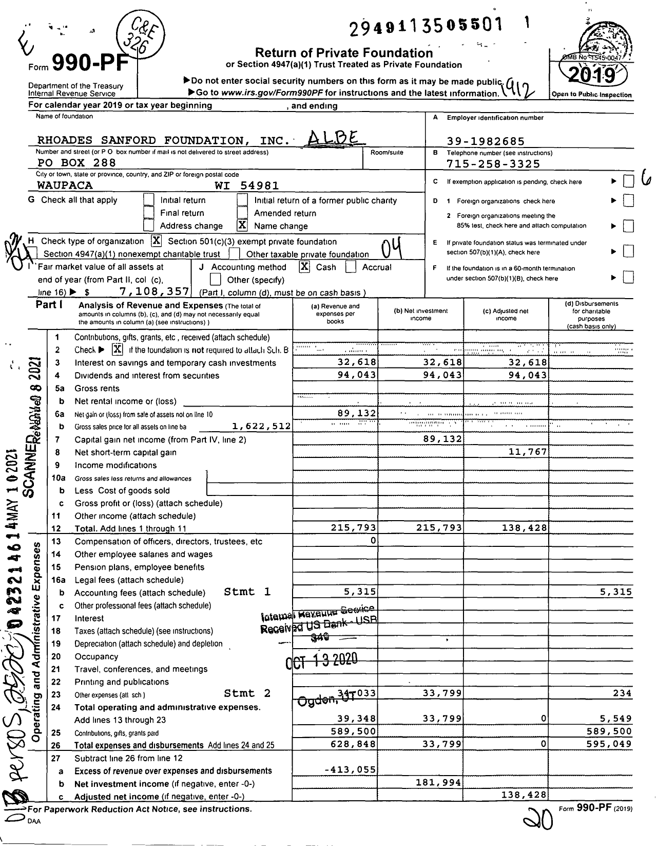 Image of first page of 2019 Form 990PF for Rhoades Sanford Foundation