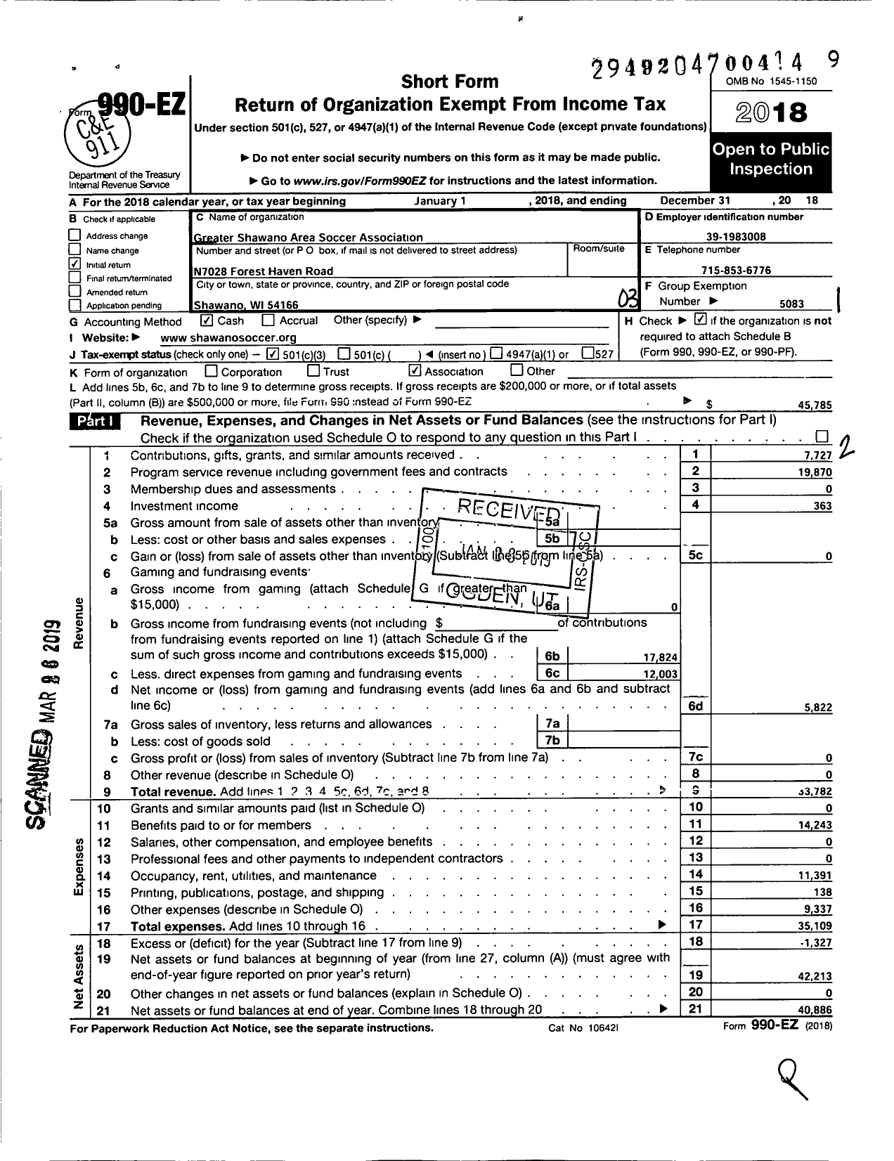 Image of first page of 2018 Form 990EZ for Soccer Association for Youth / Say Greater Shawano Soccer Org