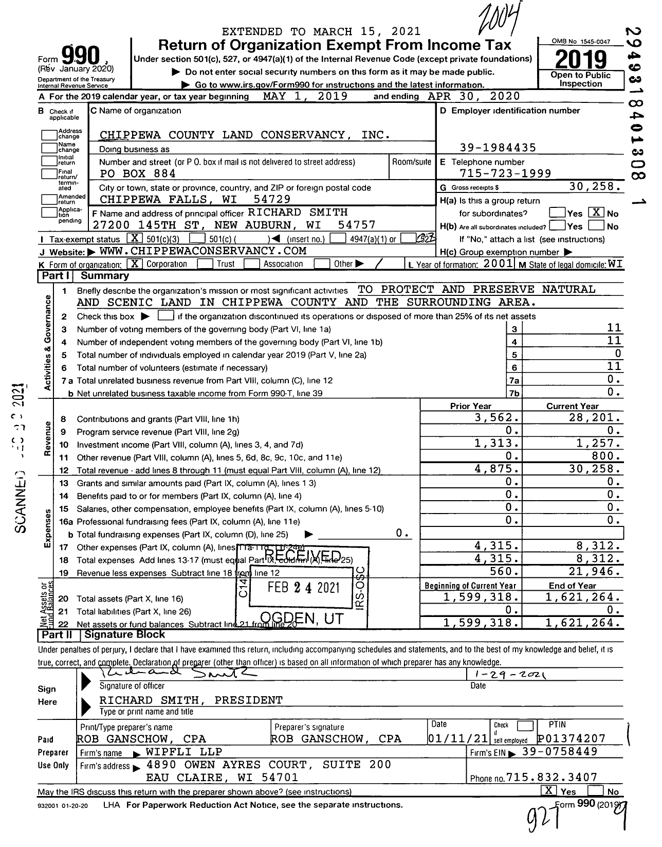 Image of first page of 2019 Form 990 for Chippewa County Land Conservancy