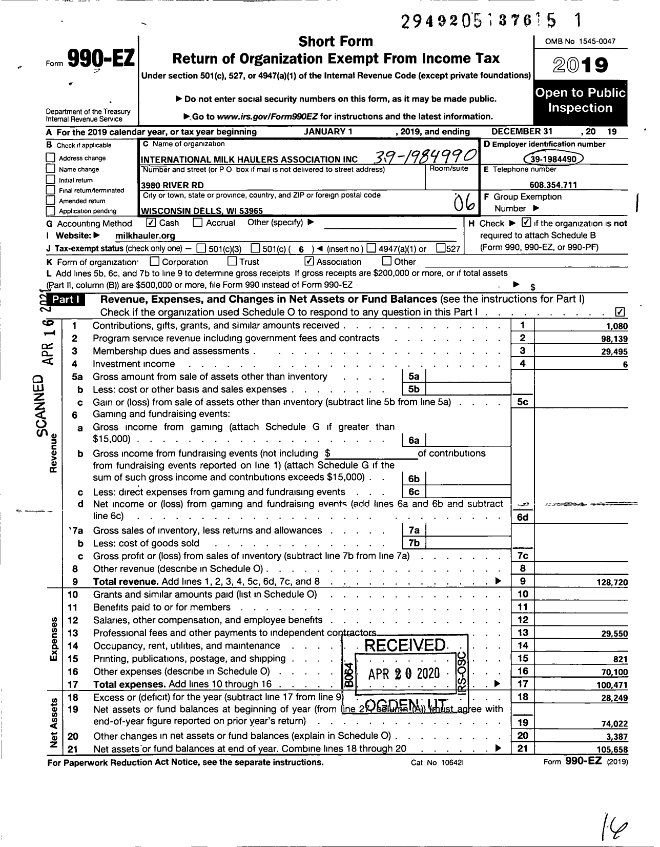 Image of first page of 2019 Form 990EO for International Milk Haulers Association