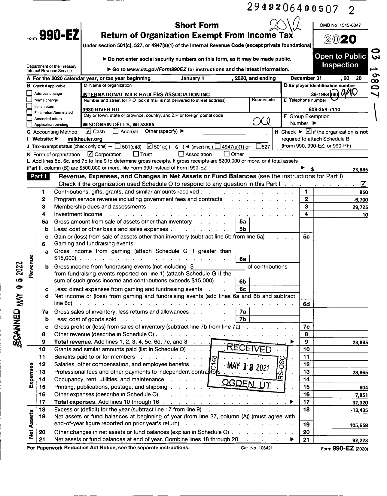 Image of first page of 2020 Form 990EO for International Milk Haulers Association