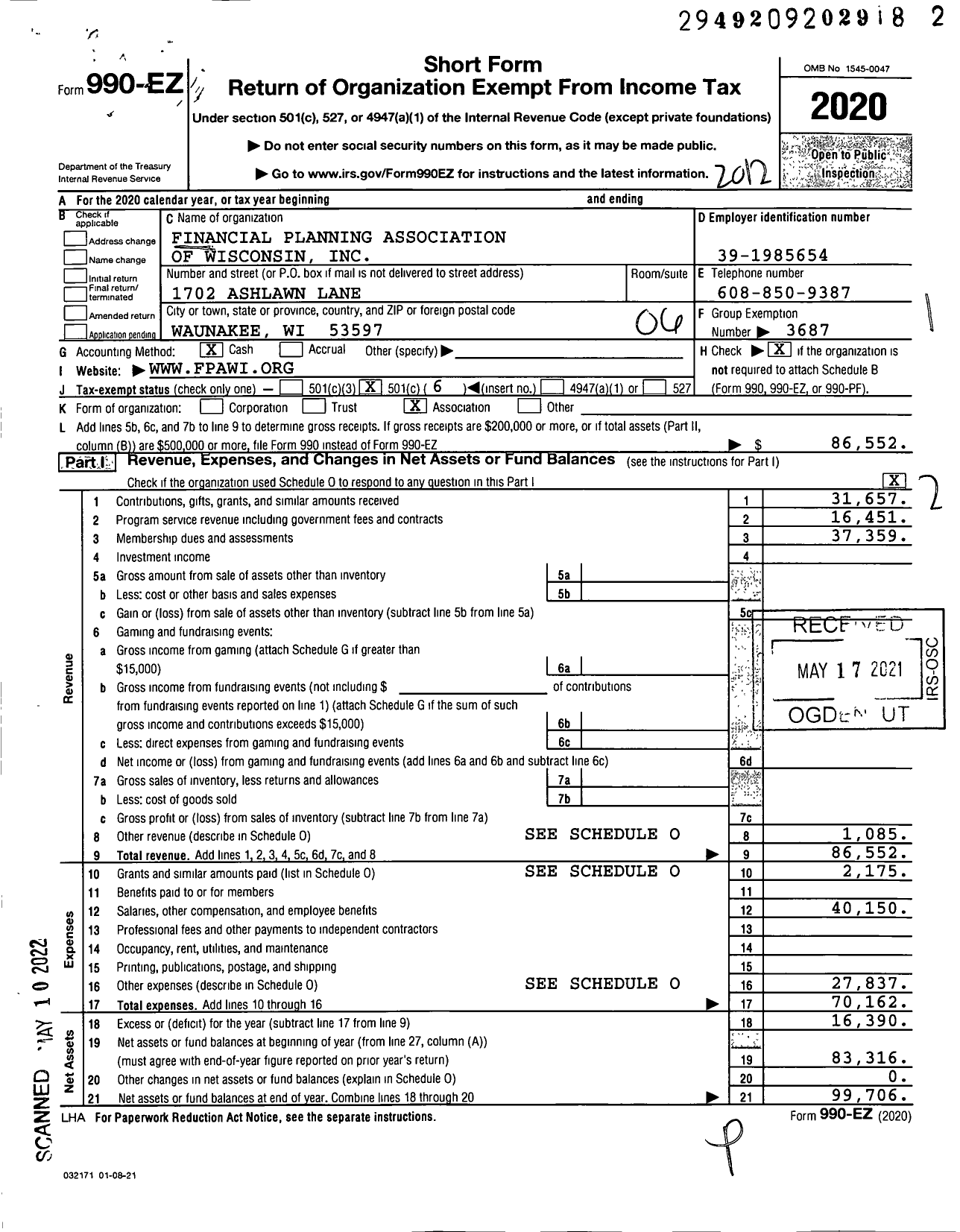 Image of first page of 2020 Form 990EO for Financial Planning Association / Fpa of Wisconsin