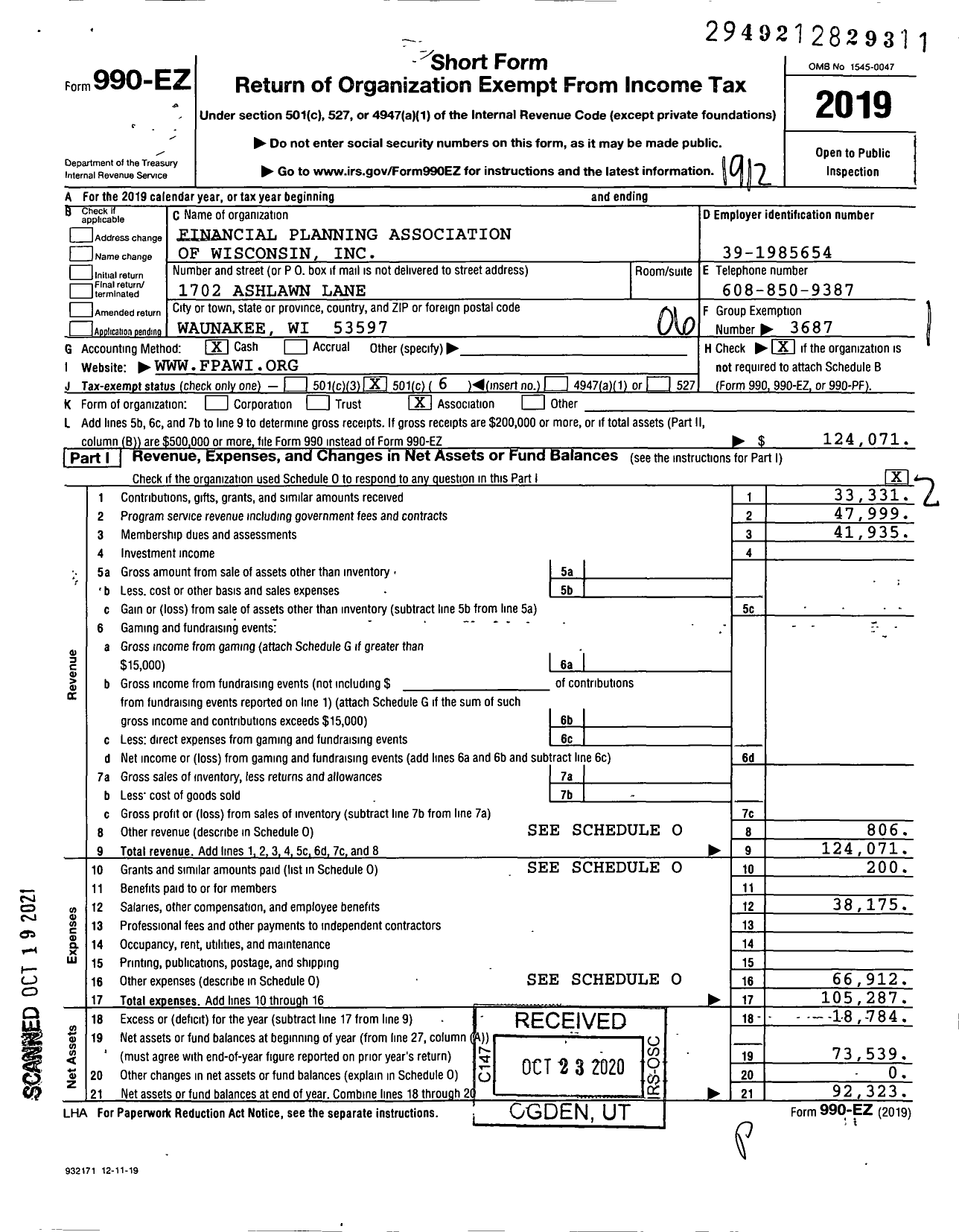 Image of first page of 2019 Form 990EO for Financial Planning Association / Fpa of Wisconsin